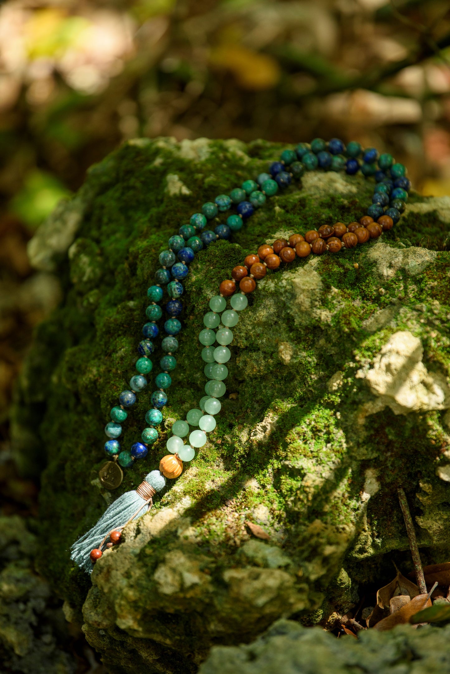 Azurite Mala, Malachite, Green Aventurine & Sandalwood Necklace, 108 Mala Beads for Balance, Growth and Prosperity