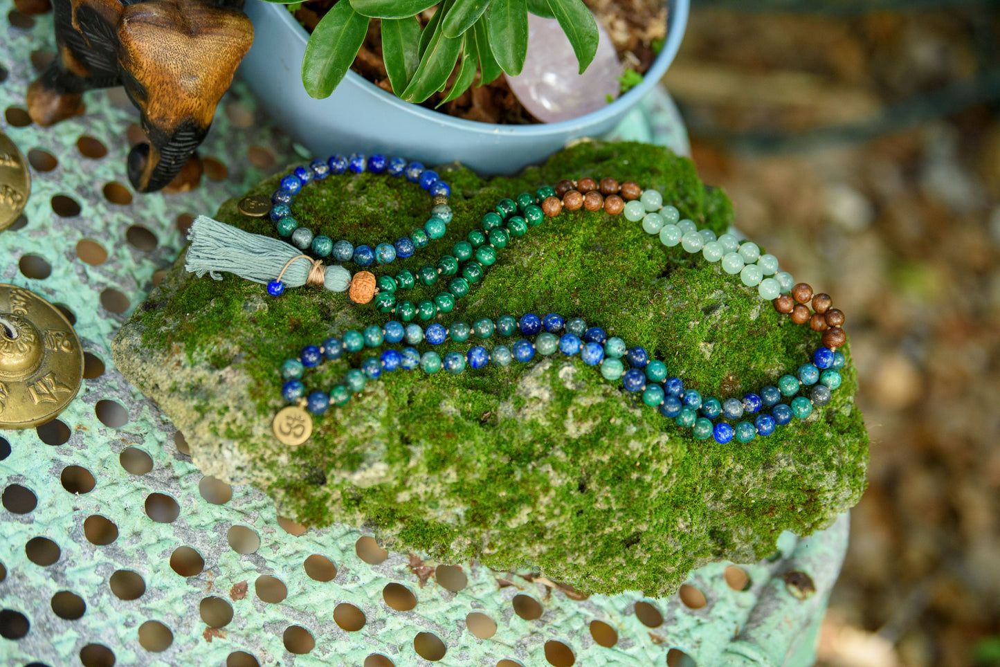 Azurite Mala, Malachite, Green Aventurine & Sandalwood Necklace, 108 Mala Beads for Balance, Growth and Prosperity