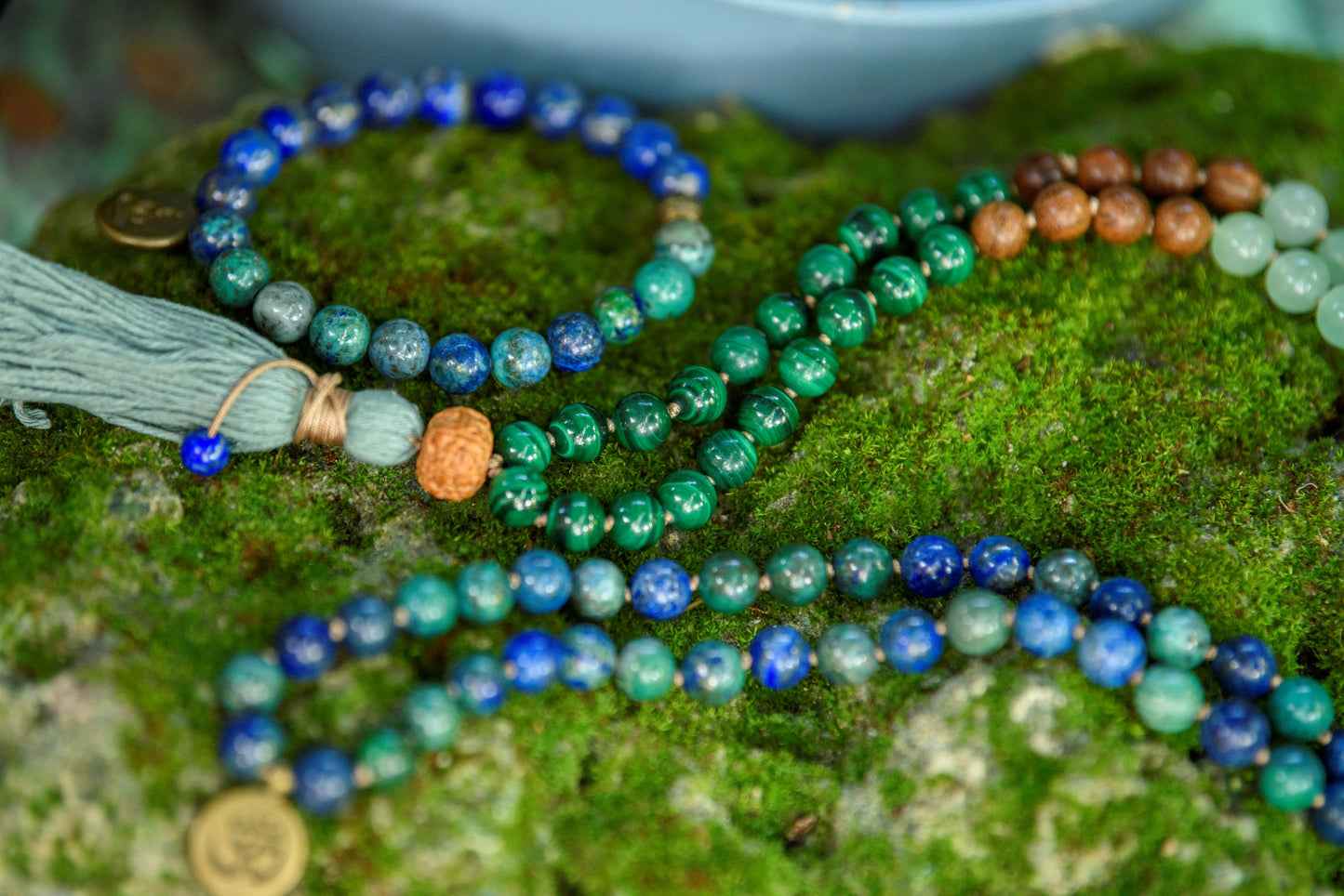 Azurite Mala, Malachite, Green Aventurine & Sandalwood Necklace, 108 Mala Beads for Balance, Growth and Prosperity