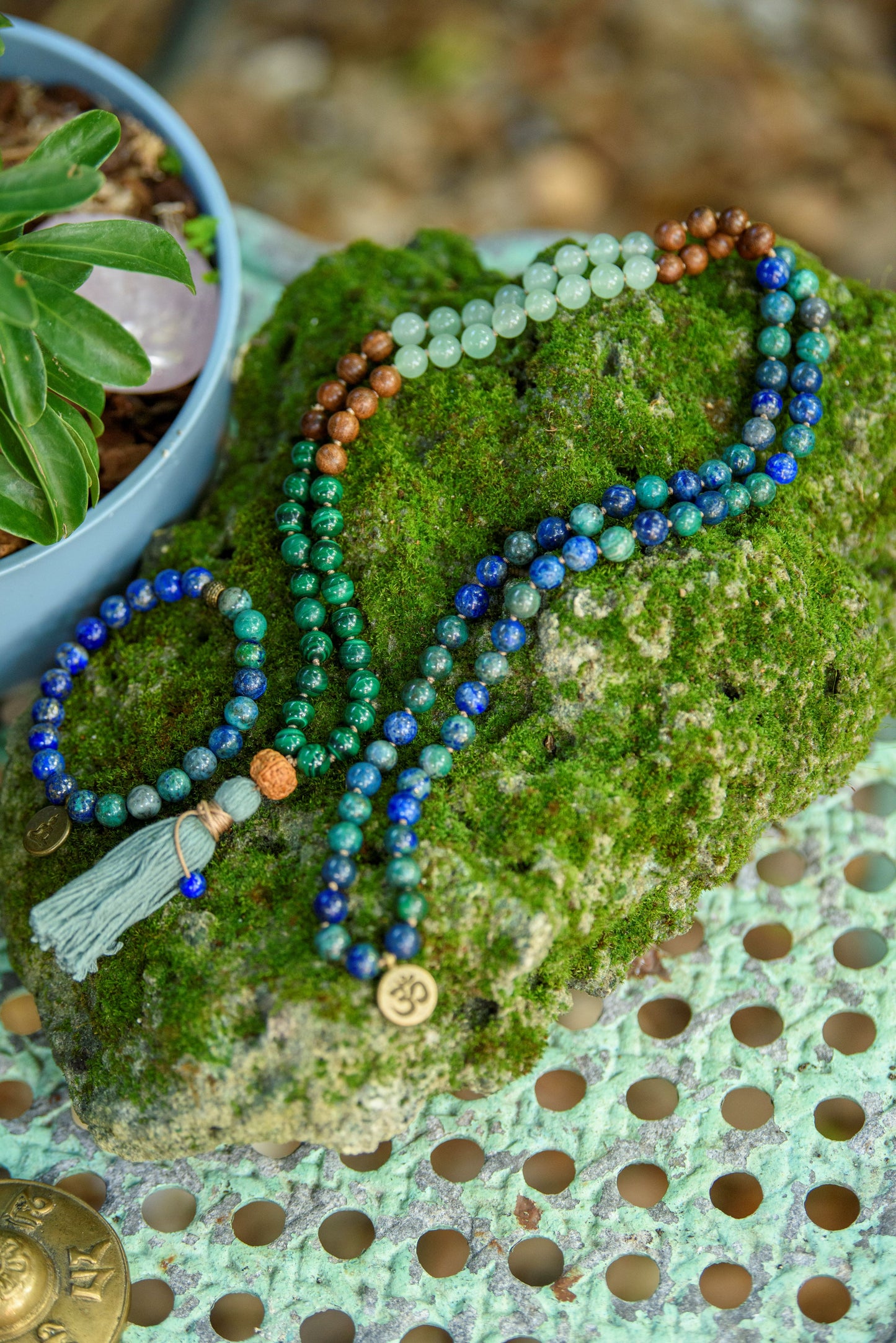 Azurite Mala, Malachite, Green Aventurine & Sandalwood Necklace, 108 Mala Beads for Balance, Growth and Prosperity