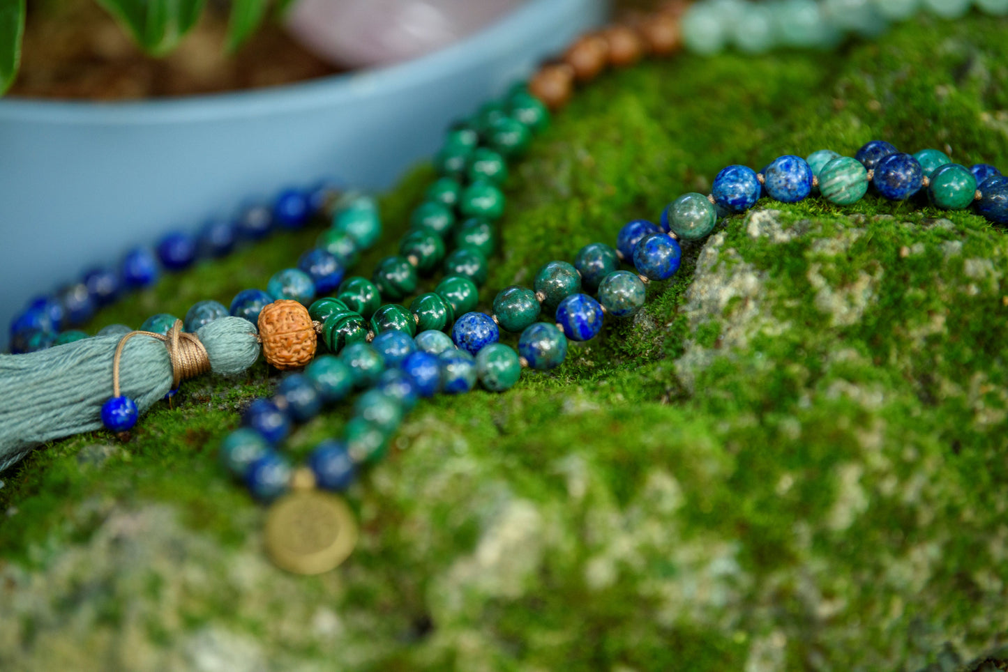 Azurite Mala, Malachite, Green Aventurine & Sandalwood Necklace, 108 Mala Beads for Balance, Growth and Prosperity