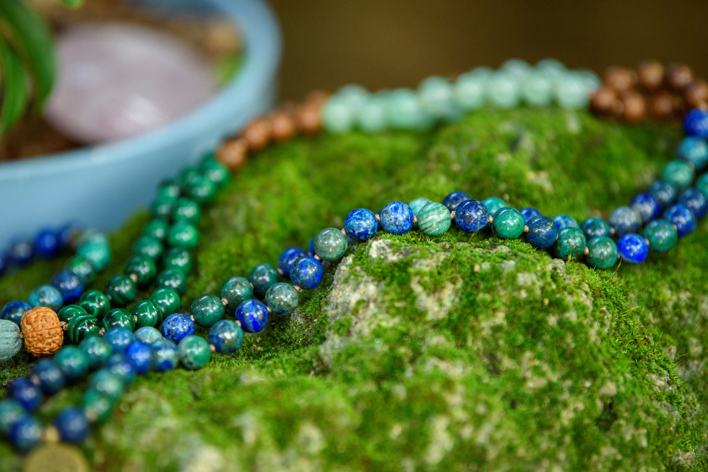 Azurite Mala, Malachite, Green Aventurine & Sandalwood Necklace, 108 Mala Beads for Balance, Growth and Prosperity