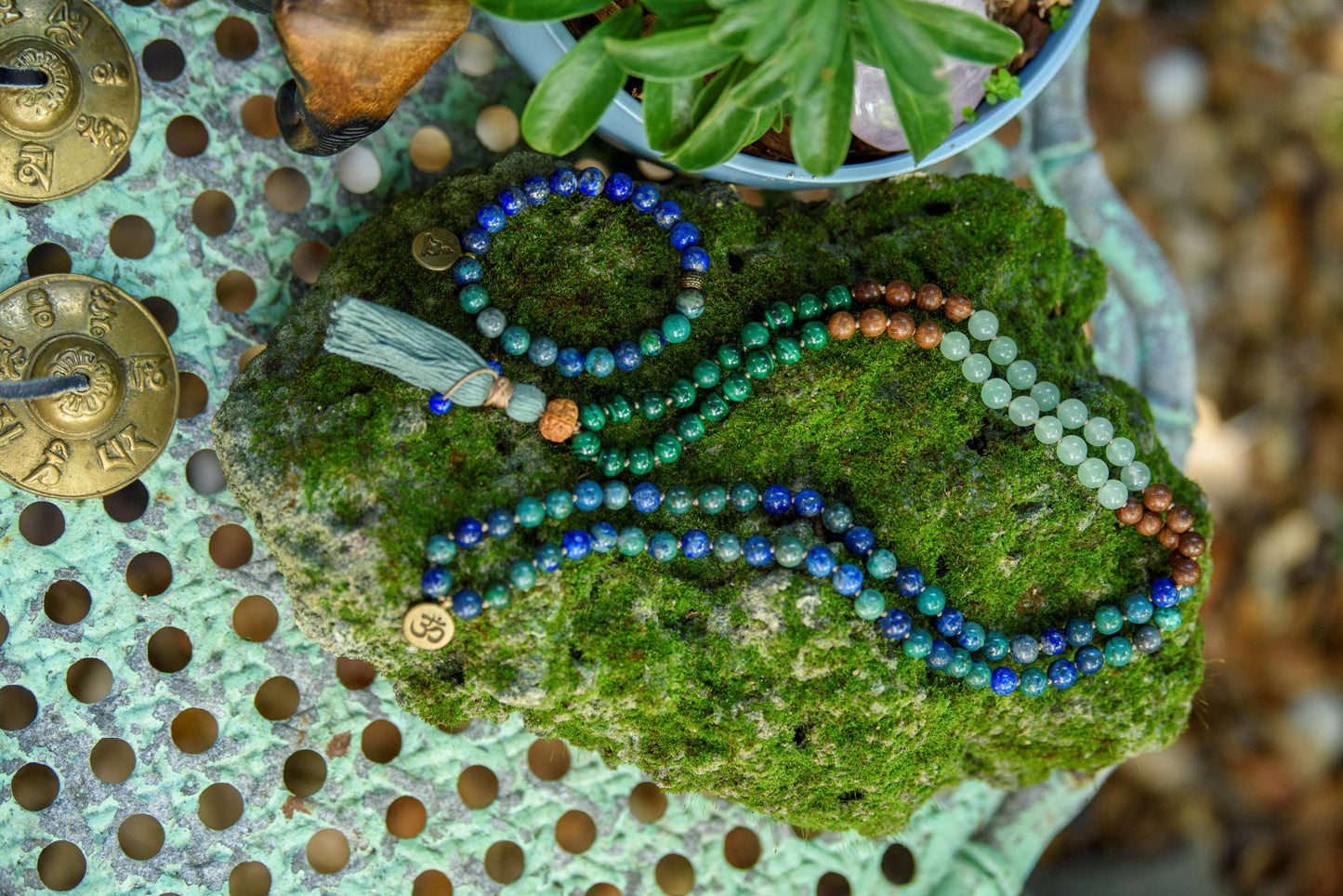 Azurite Mala, Malachite, Green Aventurine & Sandalwood Necklace, 108 Mala Beads for Balance, Growth and Prosperity