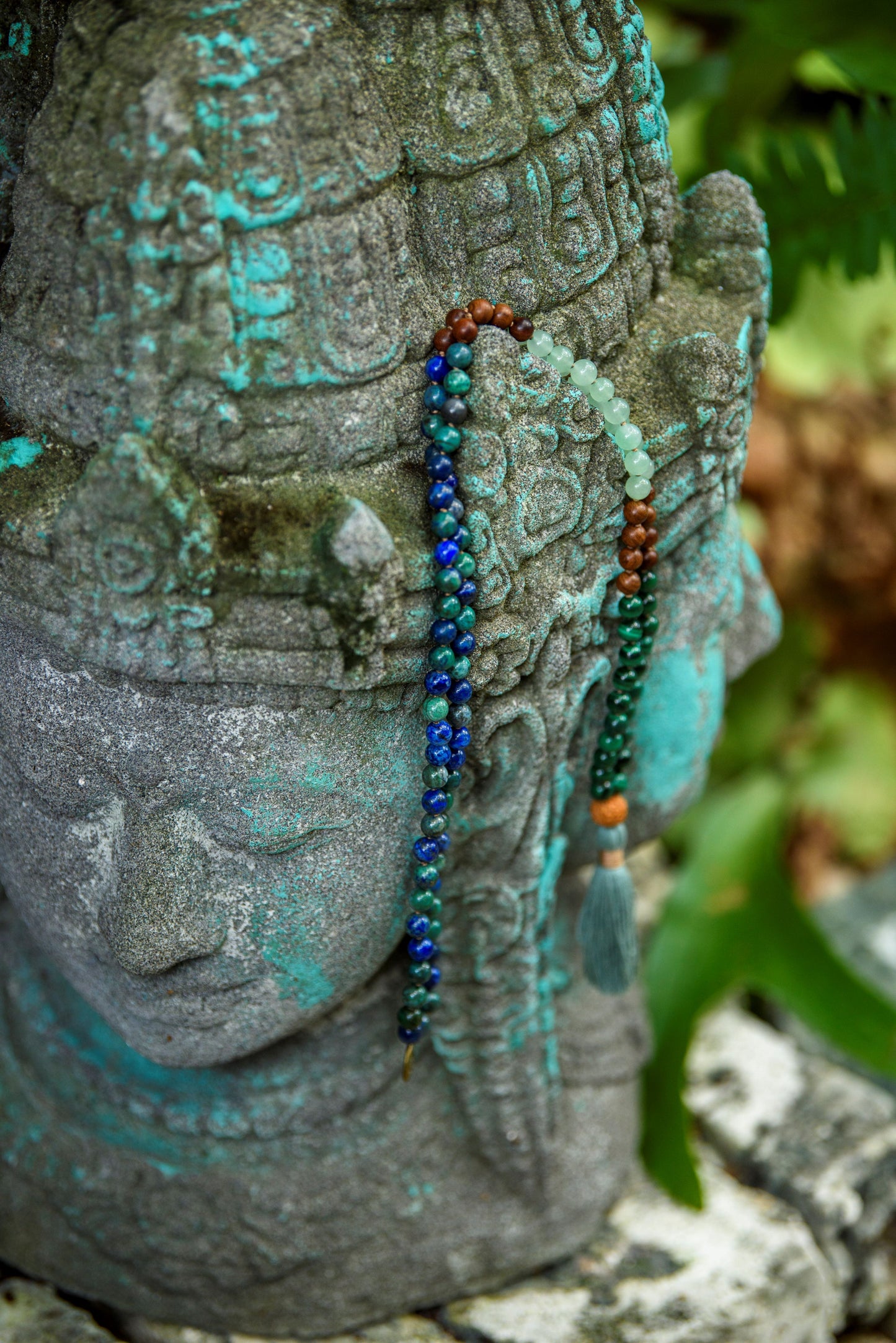Azurite Mala, Malachite, Green Aventurine & Sandalwood Necklace, 108 Mala Beads for Balance, Growth and Prosperity