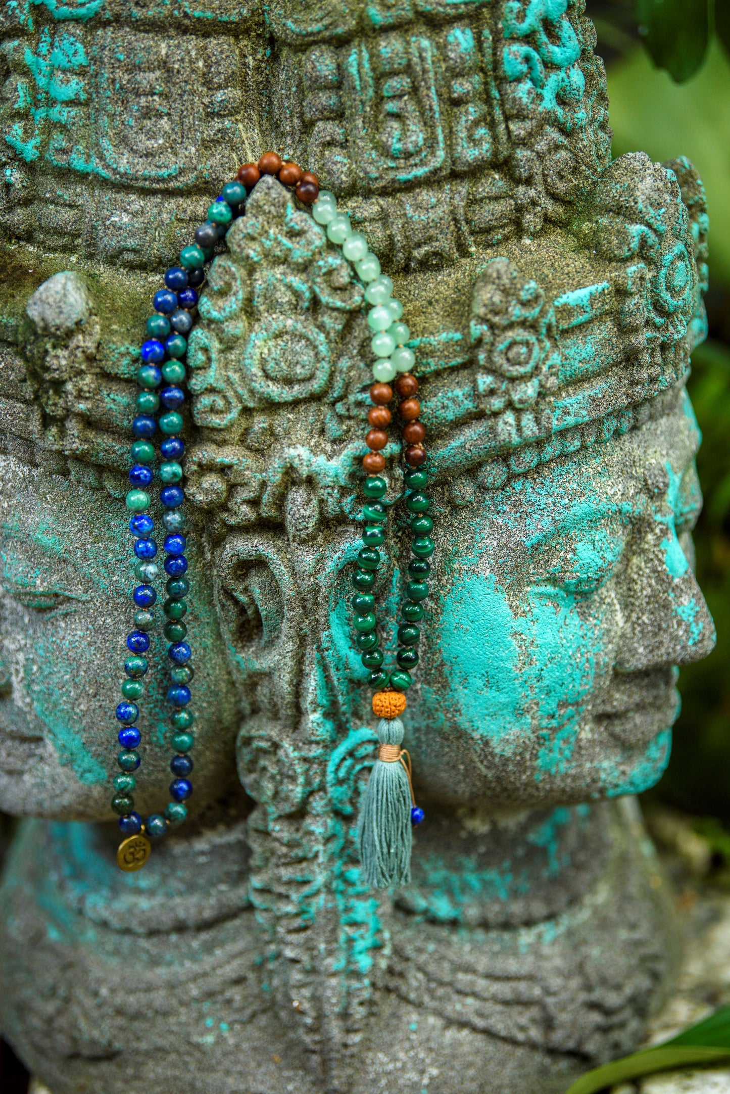 Azurite Mala, Malachite, Green Aventurine & Sandalwood Necklace, 108 Mala Beads for Balance, Growth and Prosperity