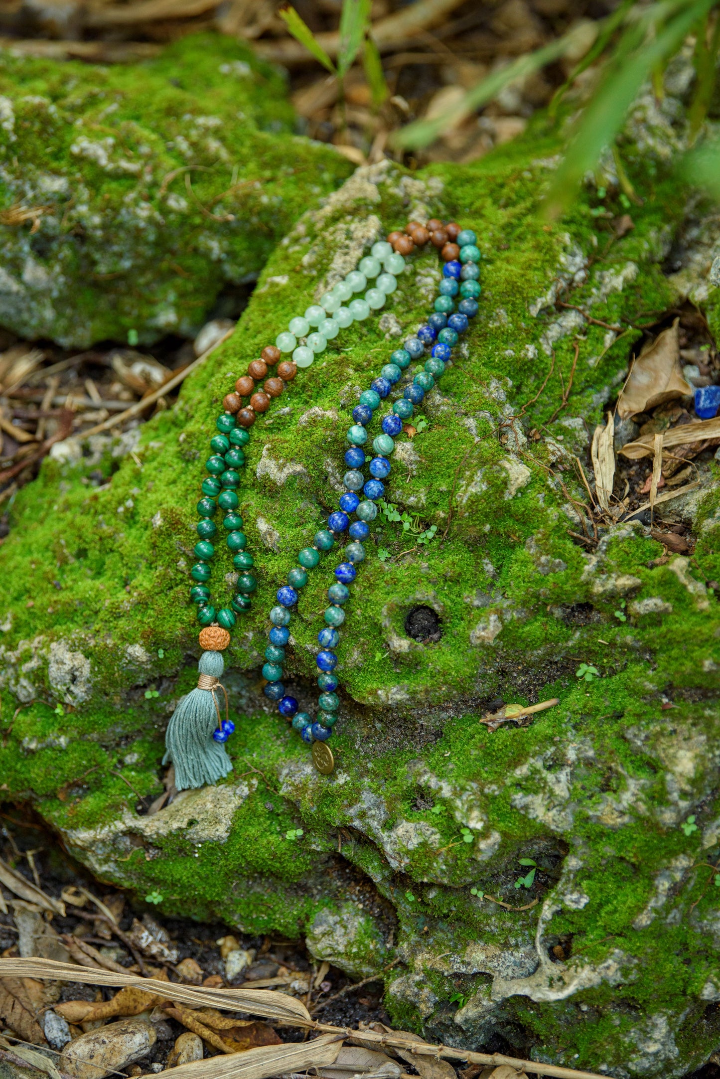 Azurite Mala, Malachite, Green Aventurine & Sandalwood Necklace, 108 Mala Beads for Balance, Growth and Prosperity