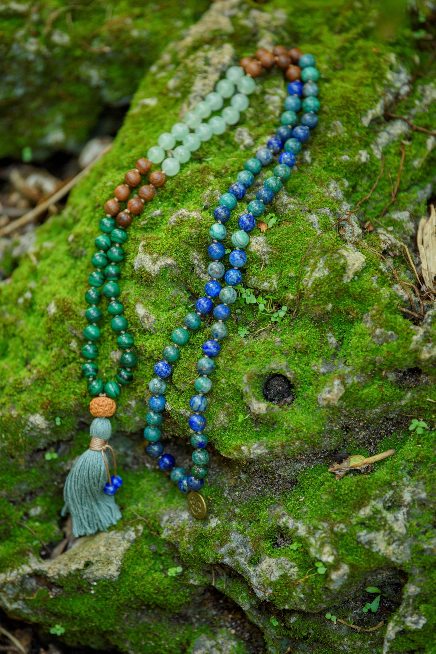 Azurite Mala, Malachite, Green Aventurine & Sandalwood Necklace, 108 Mala Beads for Balance, Growth and Prosperity