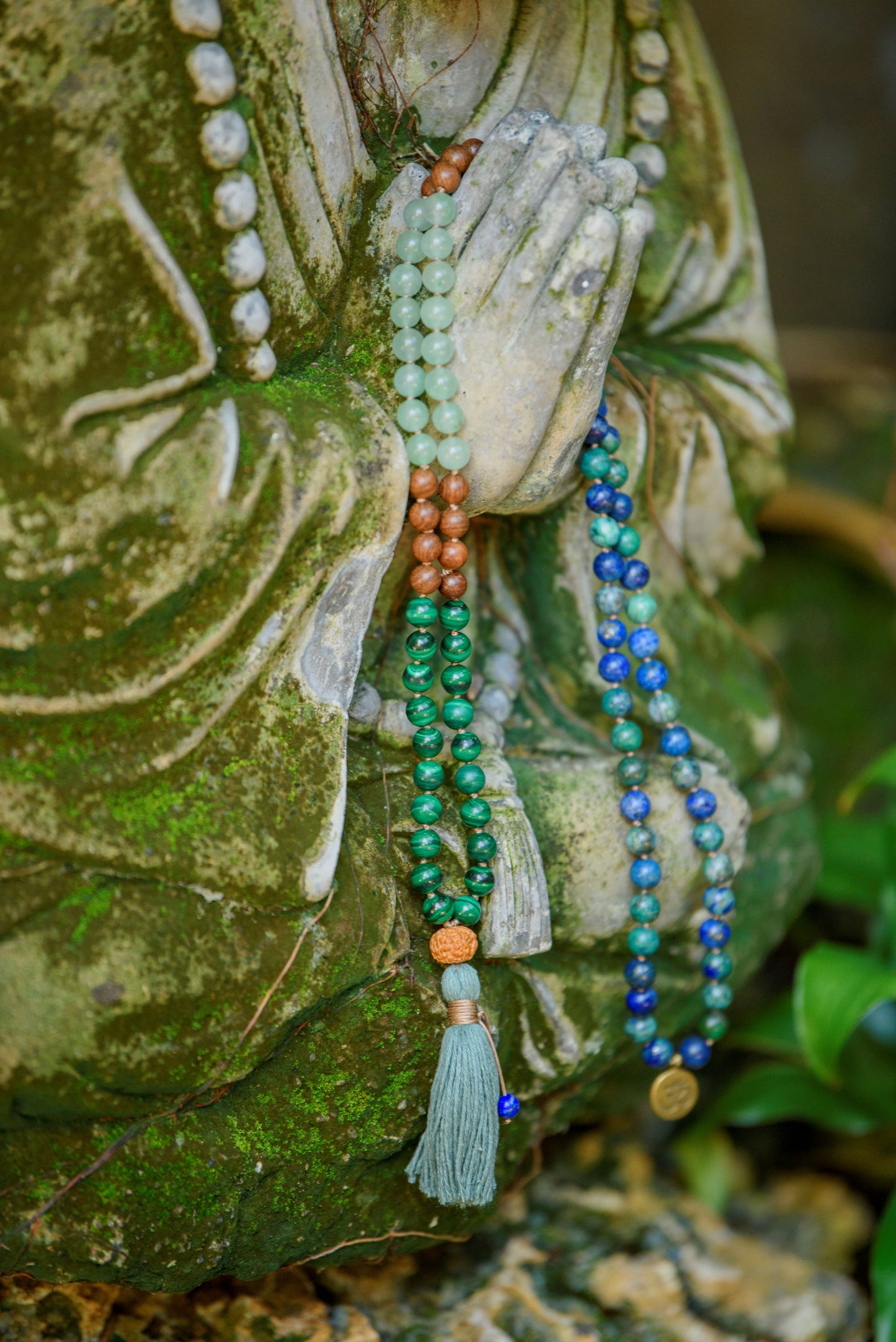 Azurite Mala, Malachite, Green Aventurine & Sandalwood Necklace, 108 Mala Beads for Balance, Growth and Prosperity