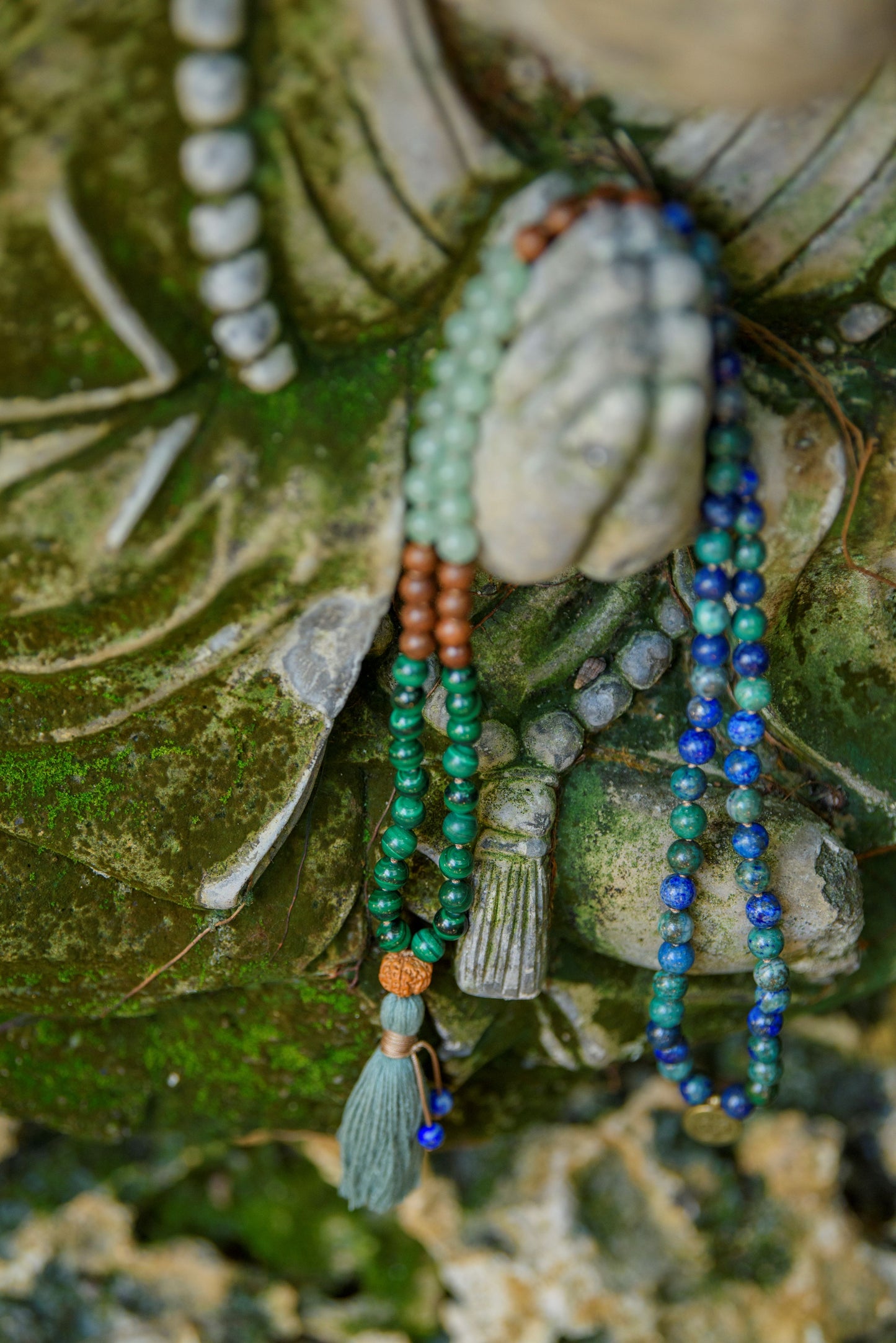 Azurite Mala, Malachite, Green Aventurine & Sandalwood Necklace, 108 Mala Beads for Balance, Growth and Prosperity