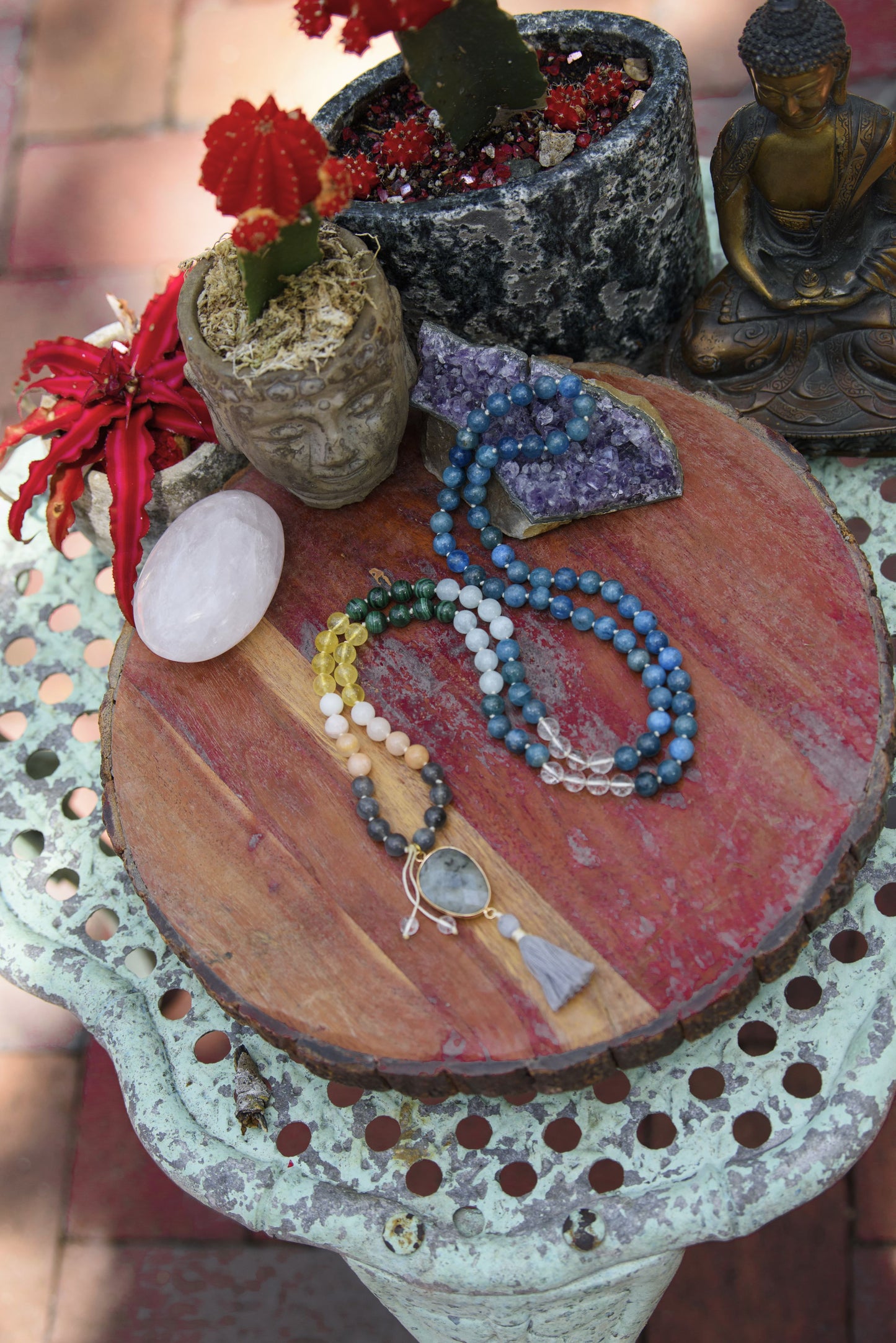 Harmonizing Chakra Mala - 7 Chakra Gemstones: Apatite, Labradorite, Peach Aventurine, Citrine, Malachite, Aquamarine & Clear Quartz