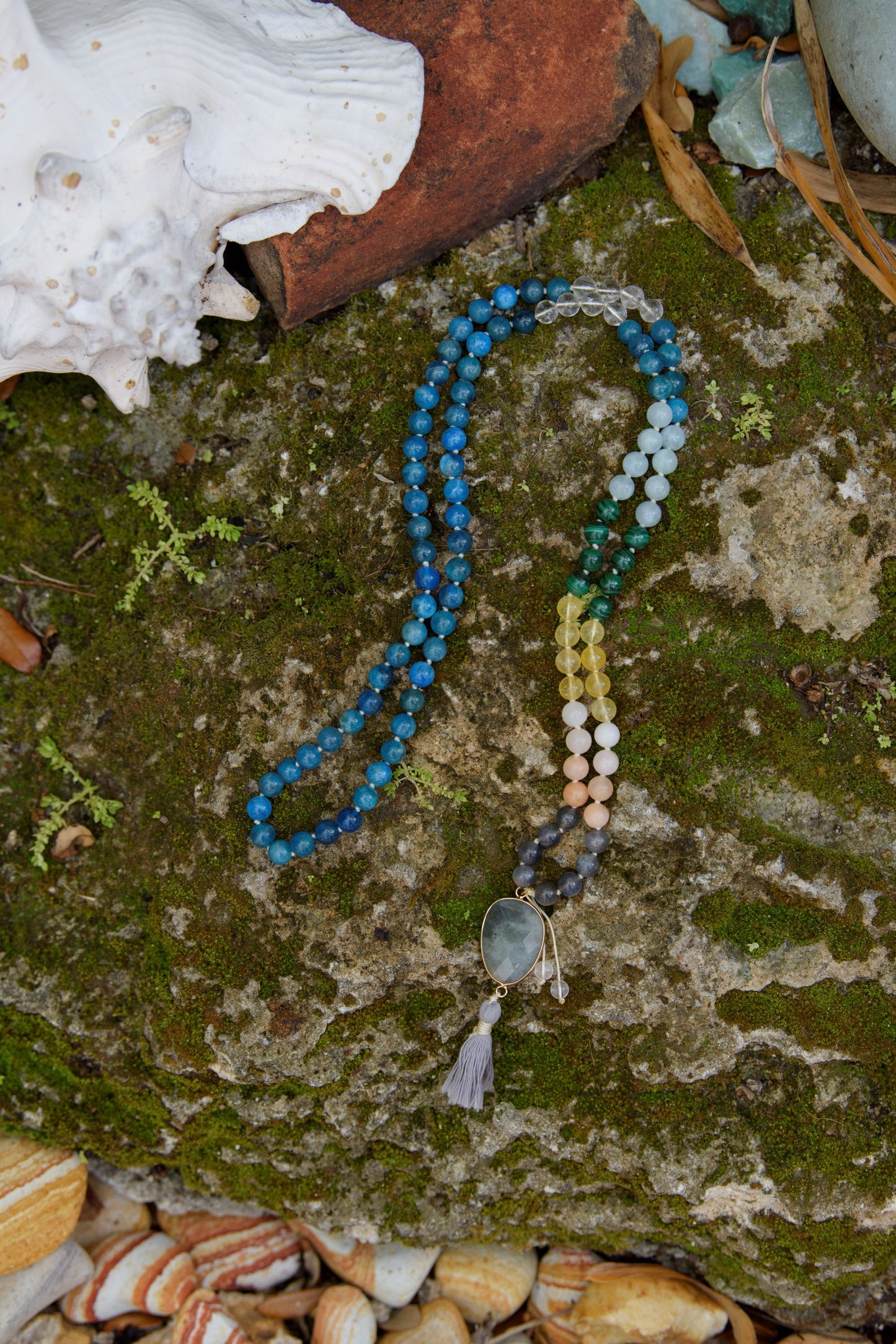 Harmonizing Chakra Mala - 7 Chakra Gemstones: Apatite, Labradorite, Peach Aventurine, Citrine, Malachite, Aquamarine & Clear Quartz