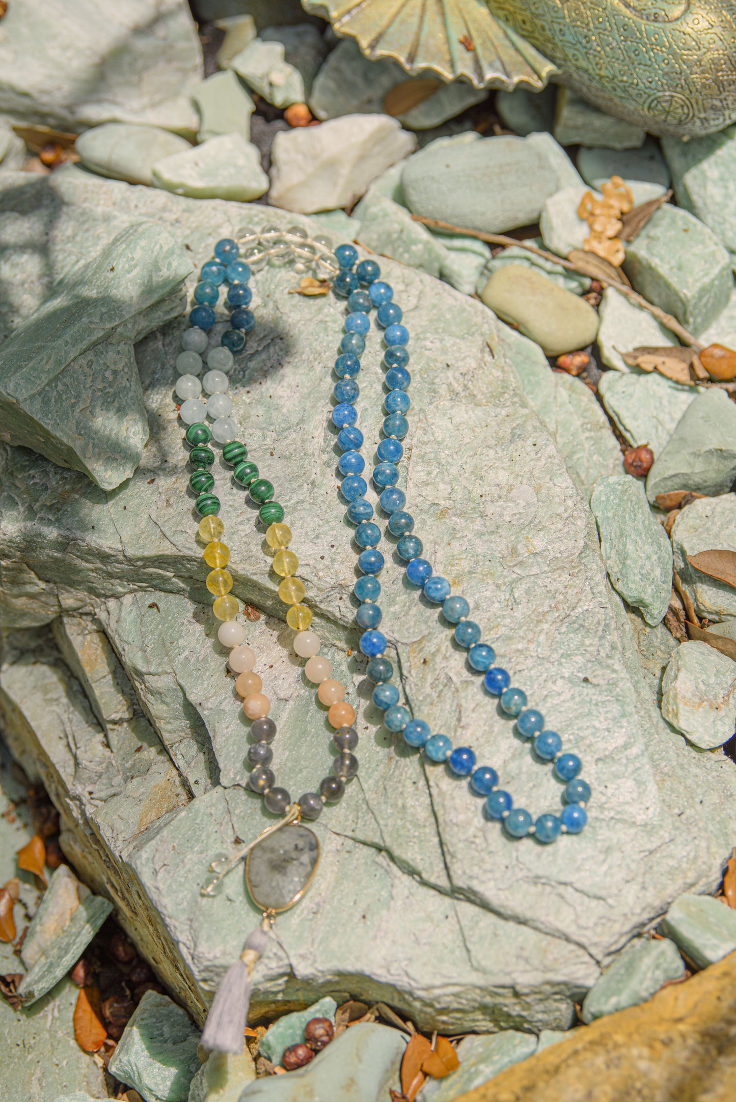 Harmonizing Chakra Mala - 7 Chakra Gemstones: Apatite, Labradorite, Peach Aventurine, Citrine, Malachite, Aquamarine & Clear Quartz