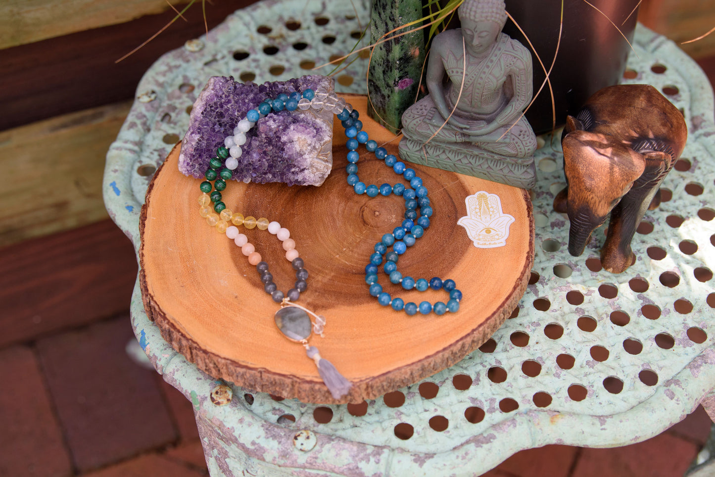 Harmonizing Chakra Mala - 7 Chakra Gemstones: Apatite, Labradorite, Peach Aventurine, Citrine, Malachite, Aquamarine & Clear Quartz