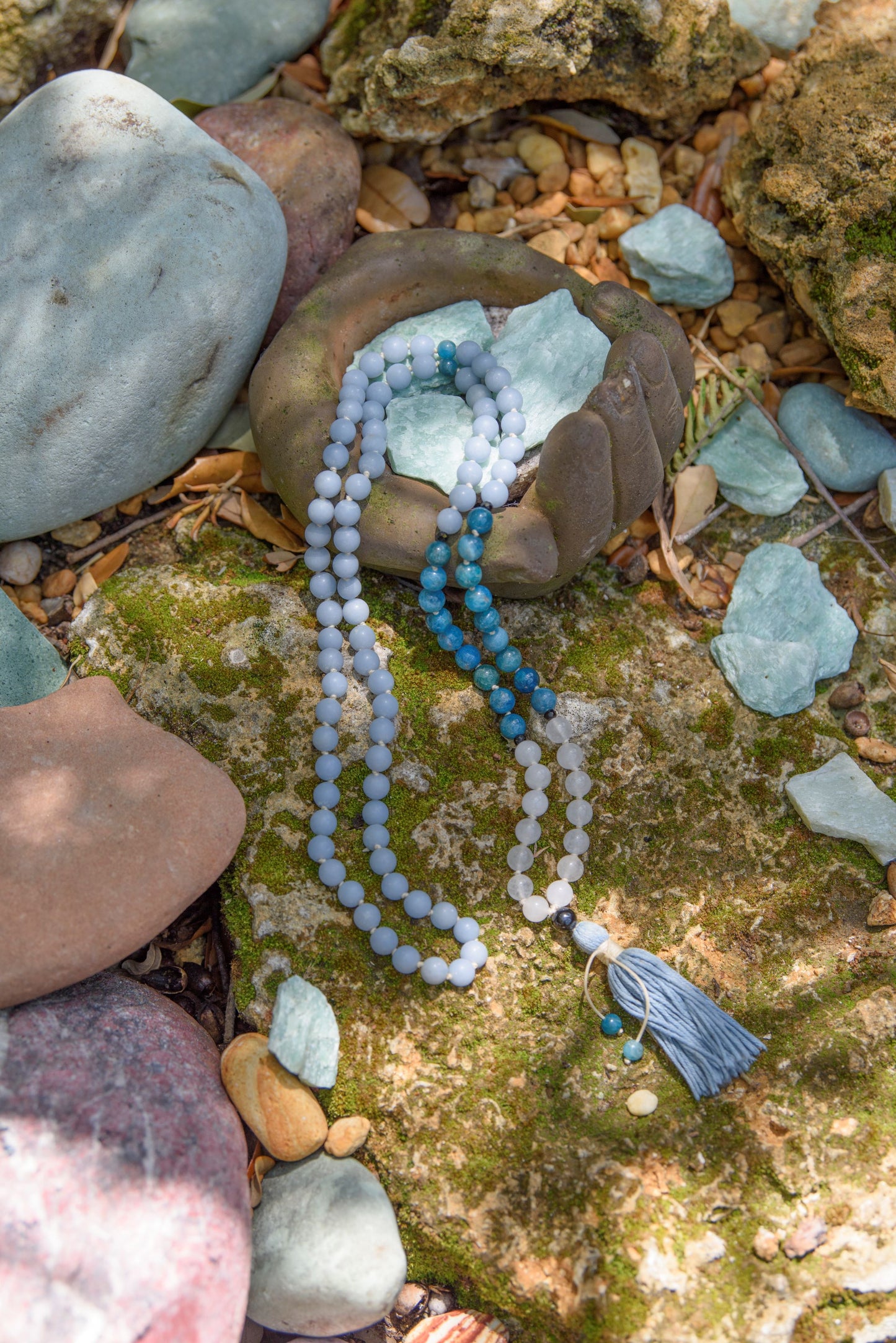 Mindful Serenity Mala - Angelite, Apatite & White Jade, 108 Mala Beads