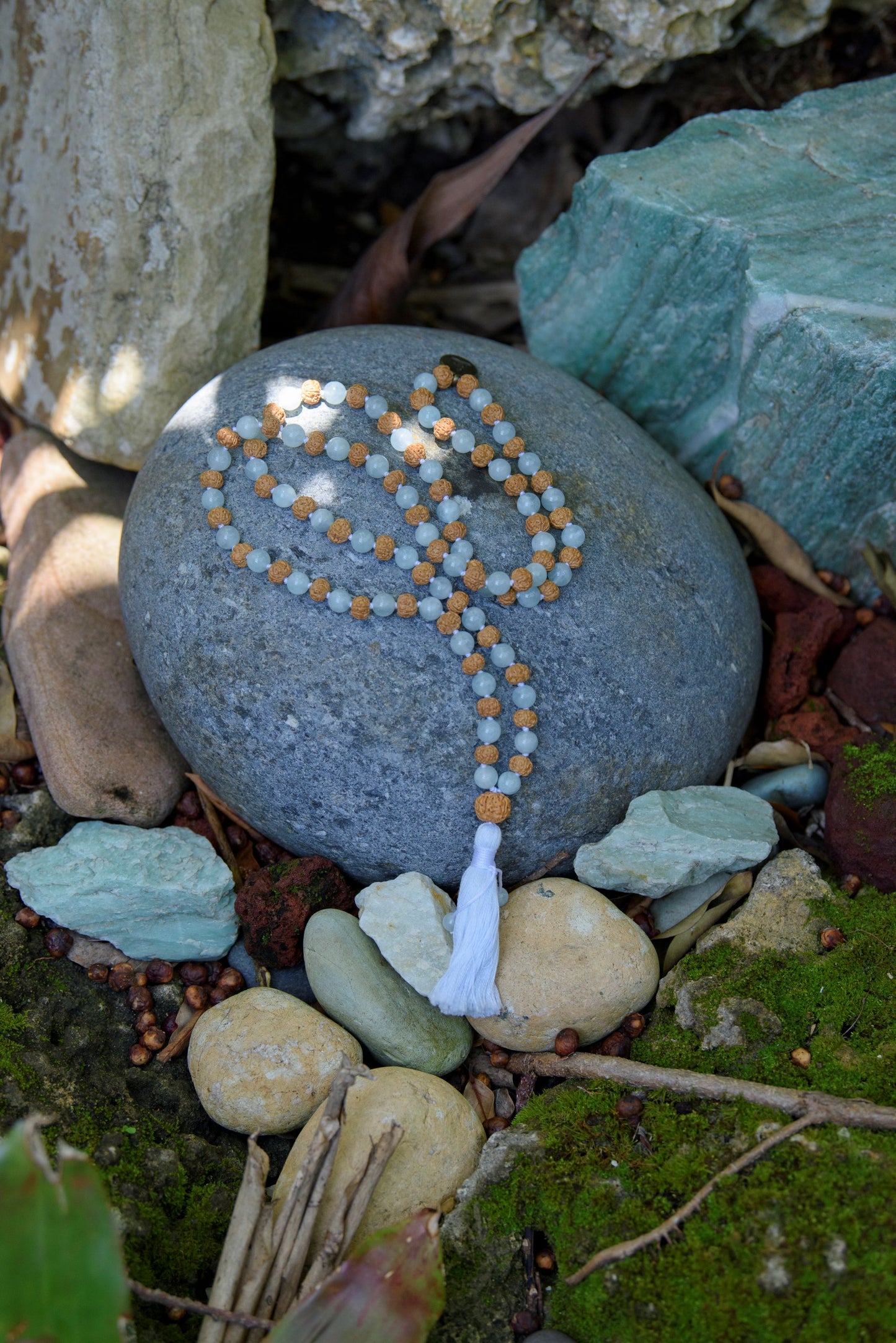 EMBRACE SERENITY, Aquamarine & Rudraksha Japa Mala 108