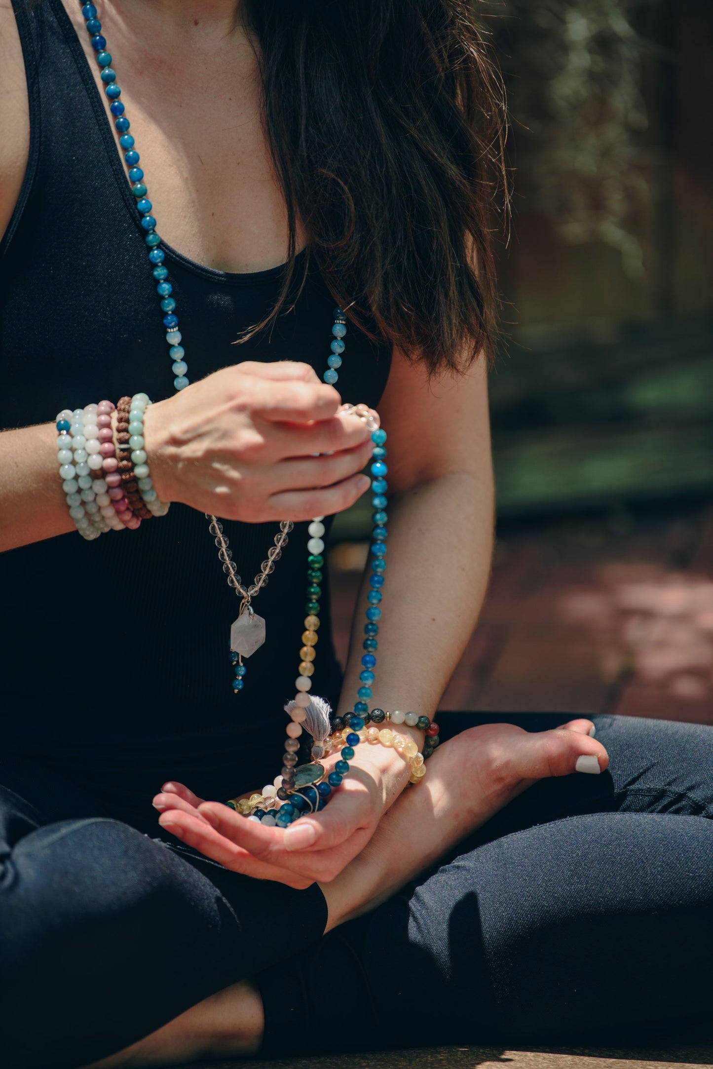 Harmonizing Chakra Mala - 7 Chakra Gemstones: Apatite, Labradorite, Peach Aventurine, Citrine, Malachite, Aquamarine & Clear Quartz