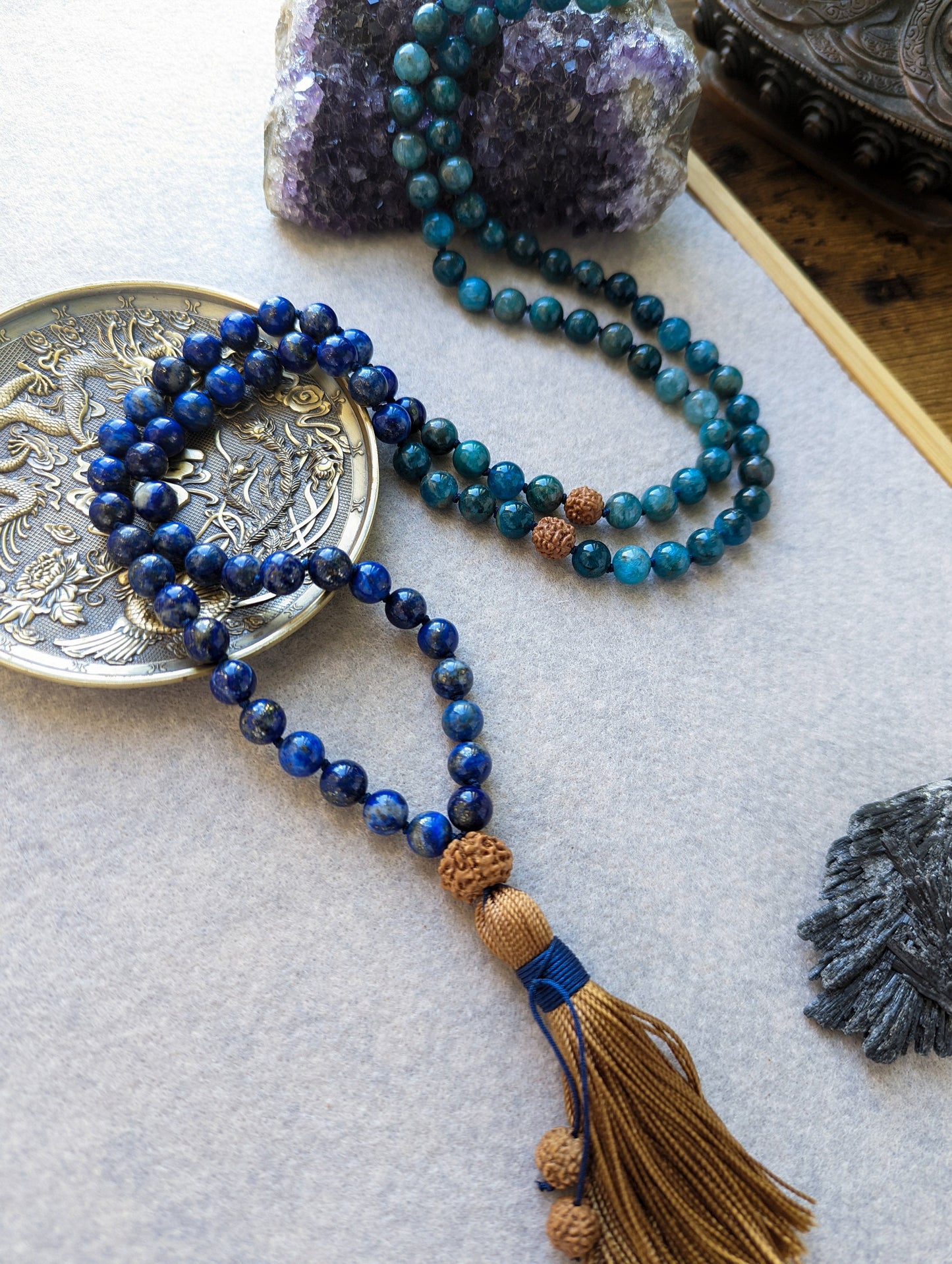 Blue Apatite and Lapis Lazuli, Throat, Third Eye Chakra Beaded Mala, Protection & Intuition Mala, Buddhist Prayer Beads, 108 Mala Necklace