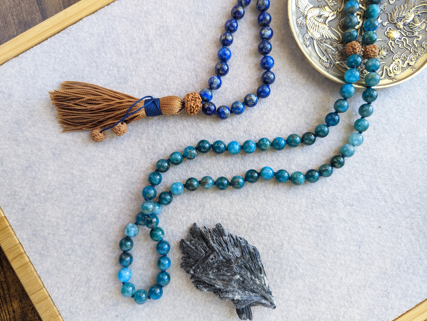 Blue Apatite and Lapis Lazuli, Throat, Third Eye Chakra Beaded Mala, Protection & Intuition Mala, Buddhist Prayer Beads, 108 Mala Necklace