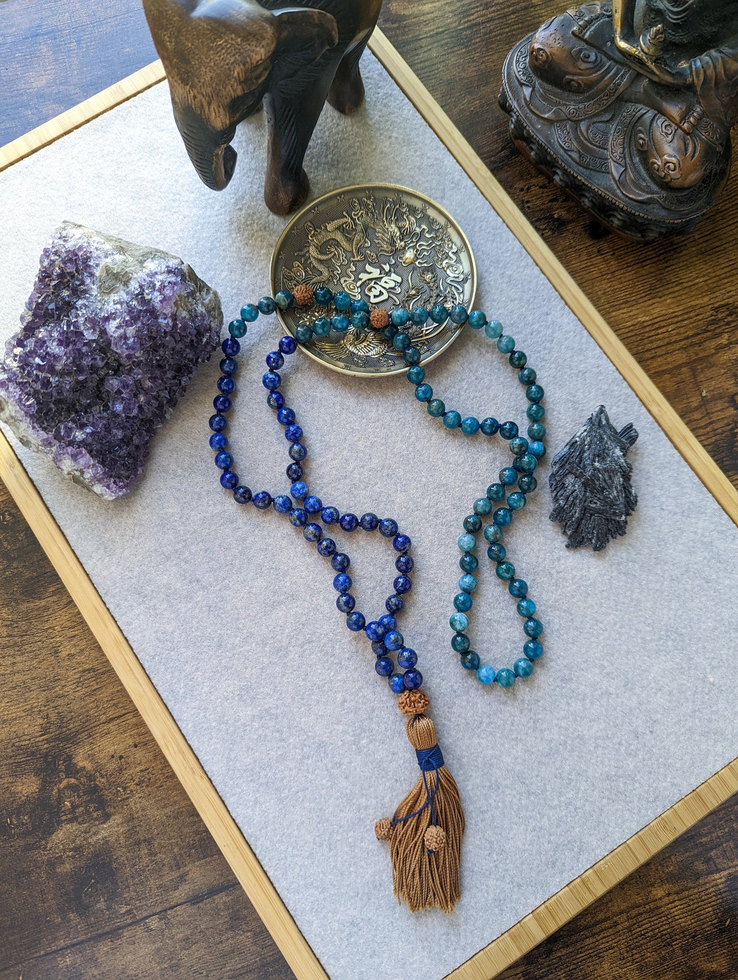 Blue Apatite and Lapis Lazuli, Throat, Third Eye Chakra Beaded Mala, Protection & Intuition Mala, Buddhist Prayer Beads, 108 Mala Necklace