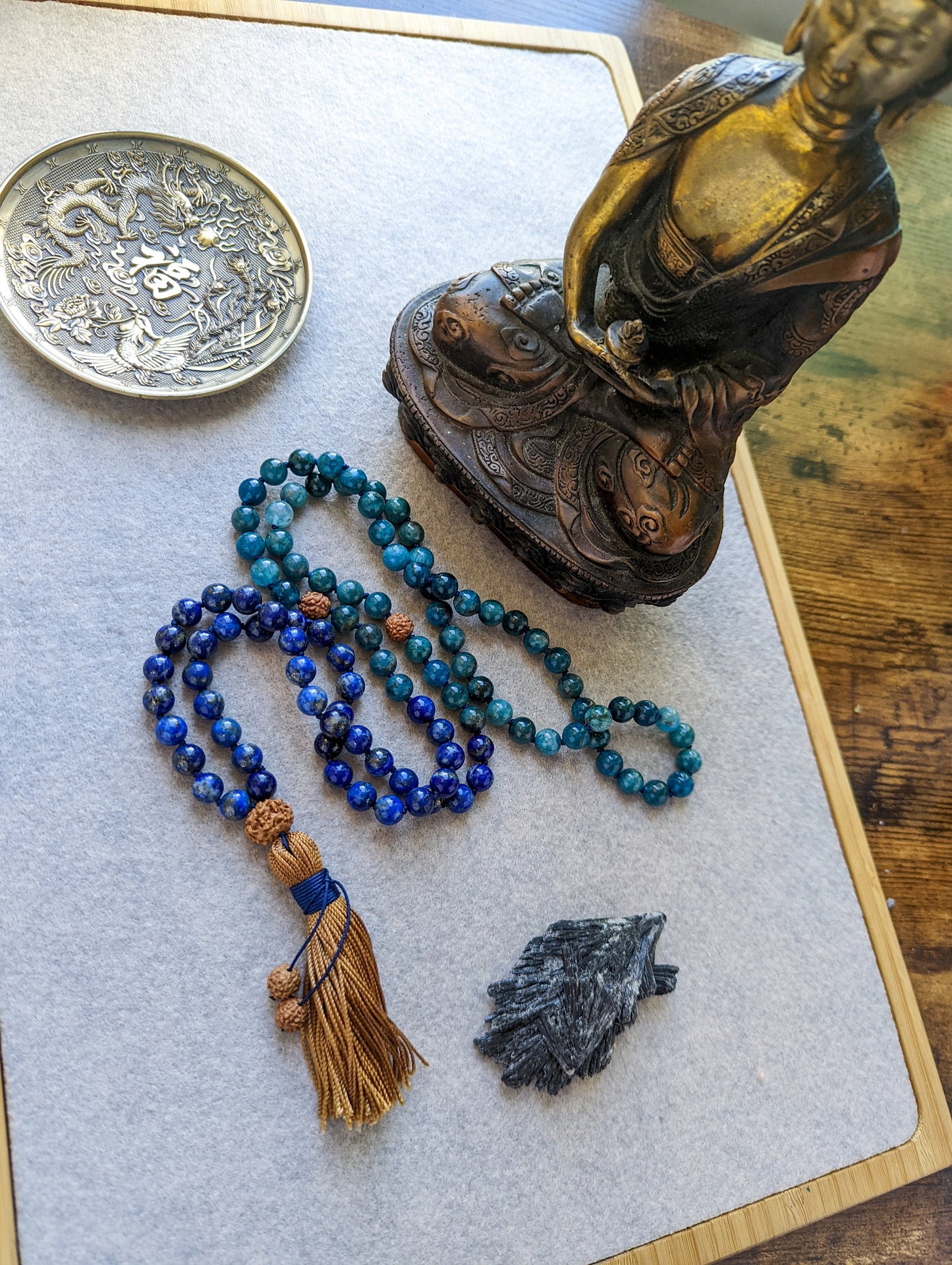 Blue Apatite and Lapis Lazuli, Throat, Third Eye Chakra Beaded Mala, Protection & Intuition Mala, Buddhist Prayer Beads, 108 Mala Necklace