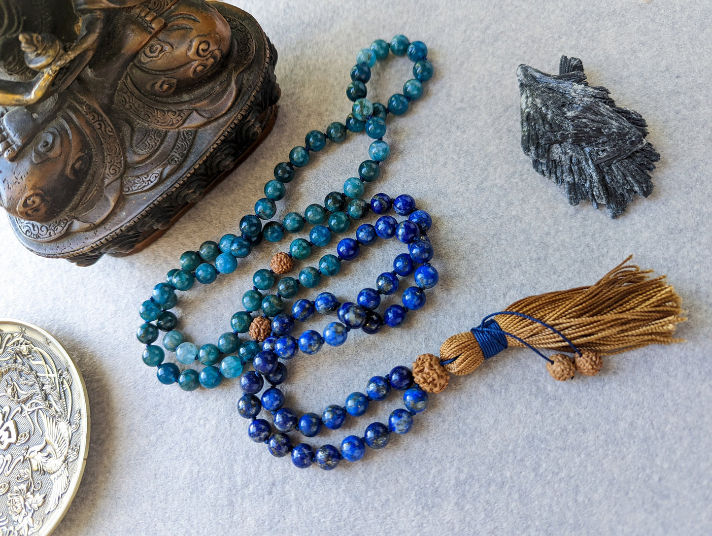 Blue Apatite and Lapis Lazuli, Throat, Third Eye Chakra Beaded Mala, Protection & Intuition Mala, Buddhist Prayer Beads, 108 Mala Necklace