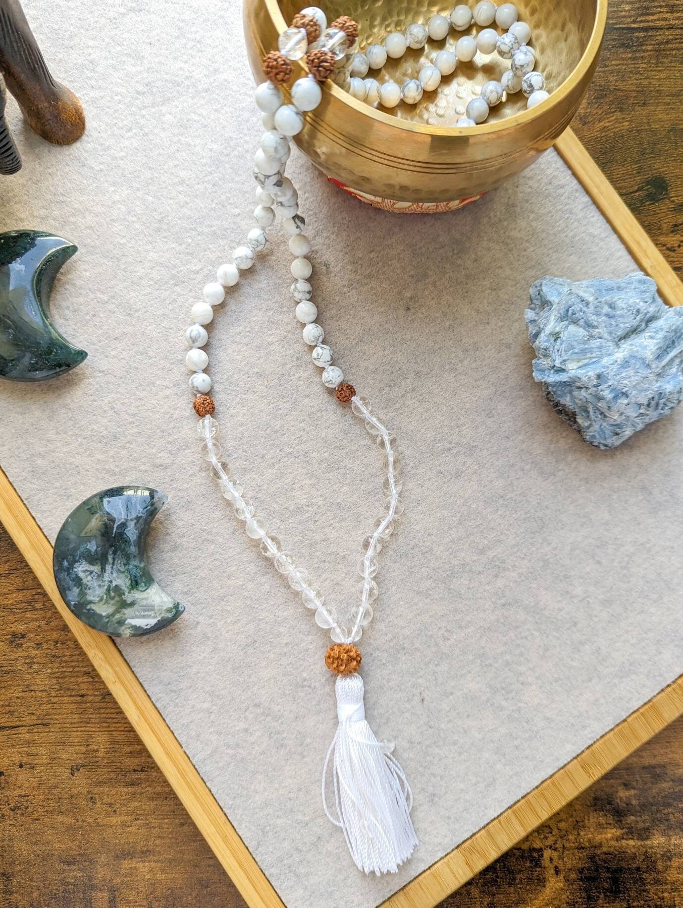 White Howlite Mala: 108 Bead Meditation Necklace, Crown Chakra