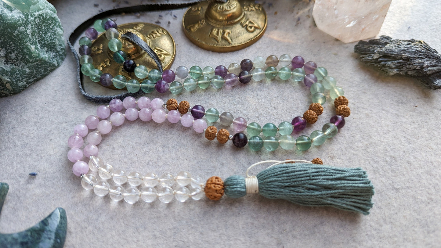 Fluorite, Kunzite & Clear Quartz 108-Bead Mala, Reiki Infused Meditation Mala Necklace, Japa Mala Prayer Beads, Healing Mala