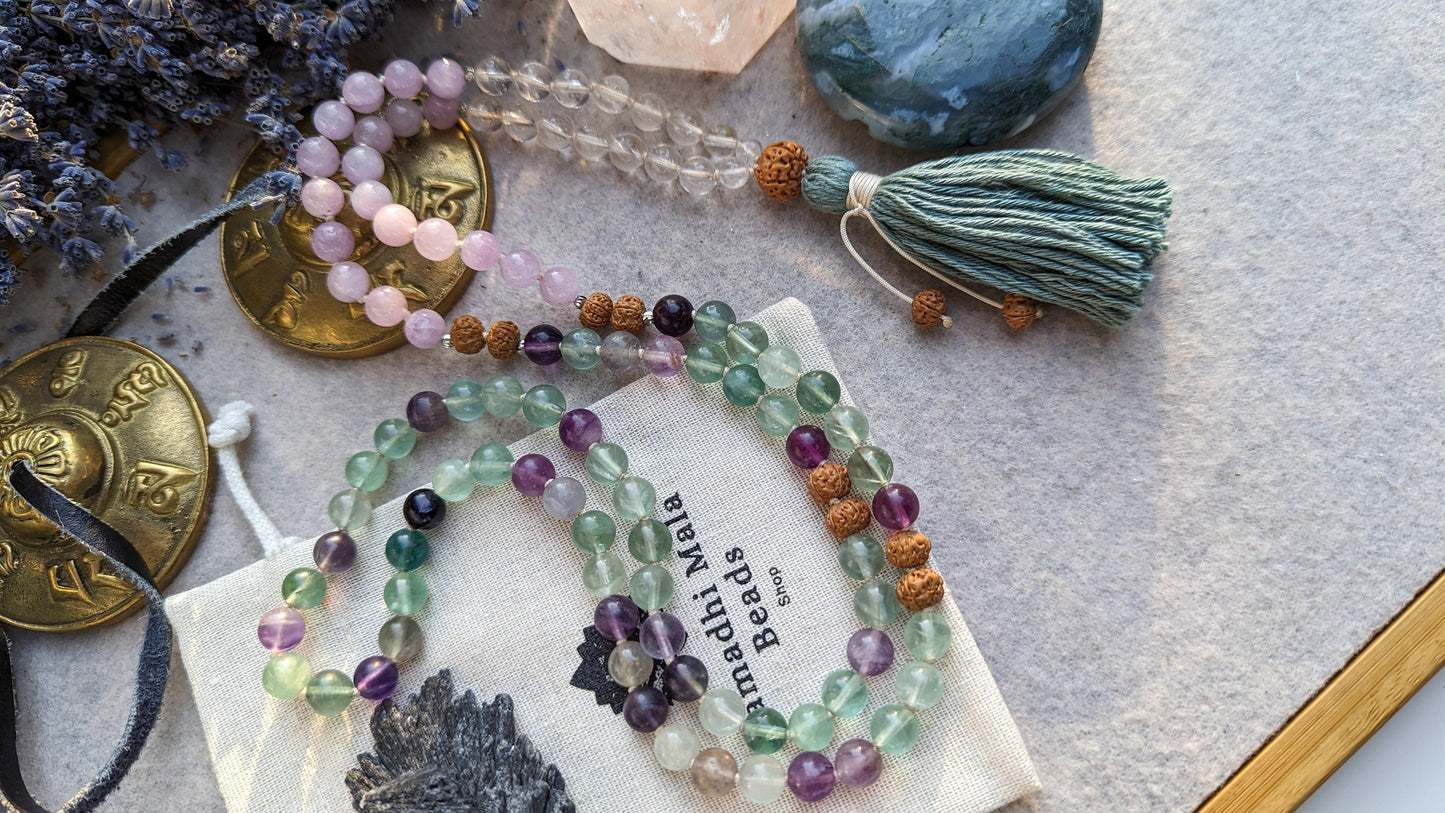 Fluorite, Kunzite & Clear Quartz 108-Bead Mala, Reiki Infused Meditation Mala Necklace, Japa Mala Prayer Beads, Healing Mala