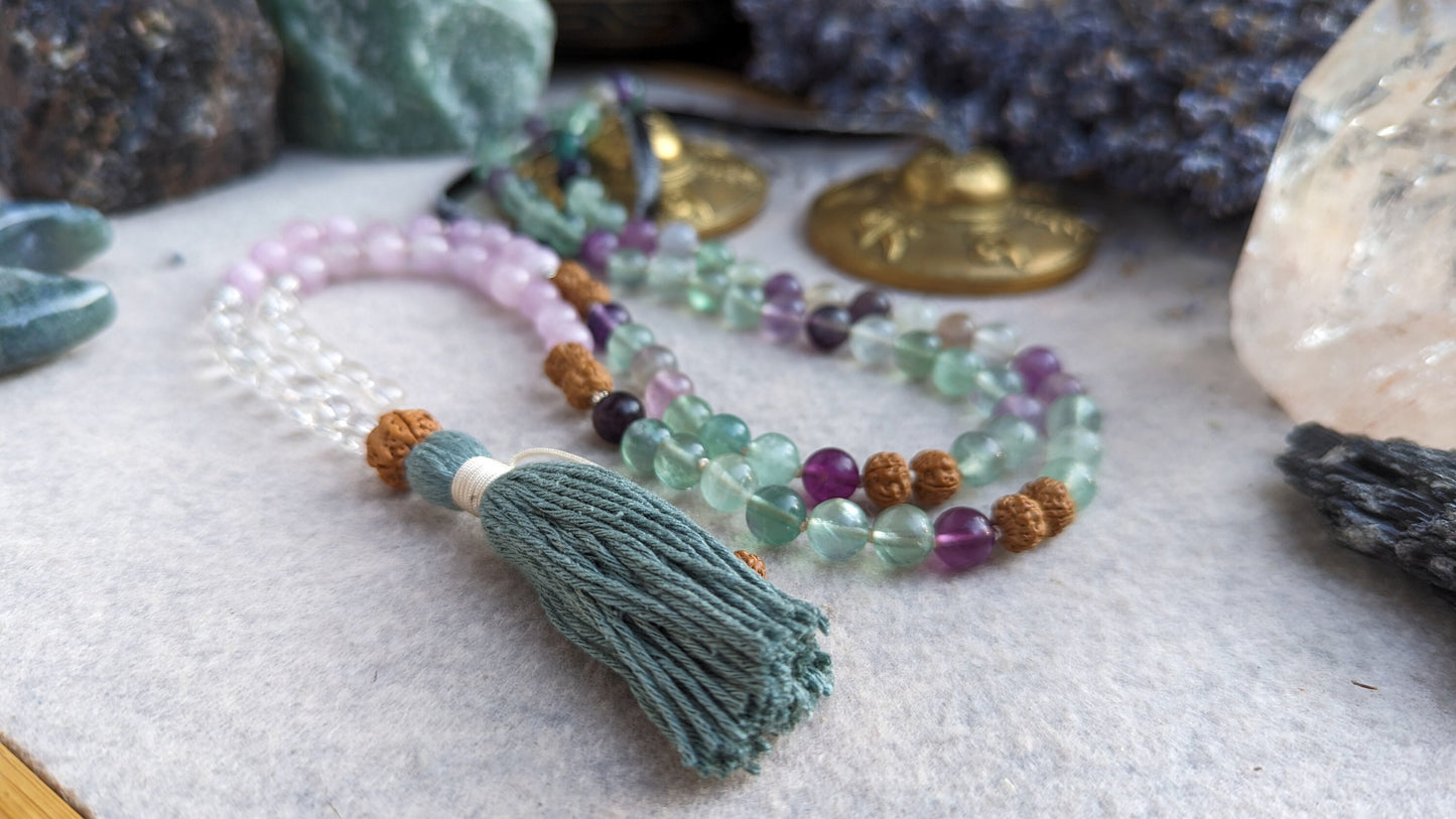 Fluorite, Kunzite & Clear Quartz 108-Bead Mala, Reiki Infused Meditation Mala Necklace, Japa Mala Prayer Beads, Healing Mala