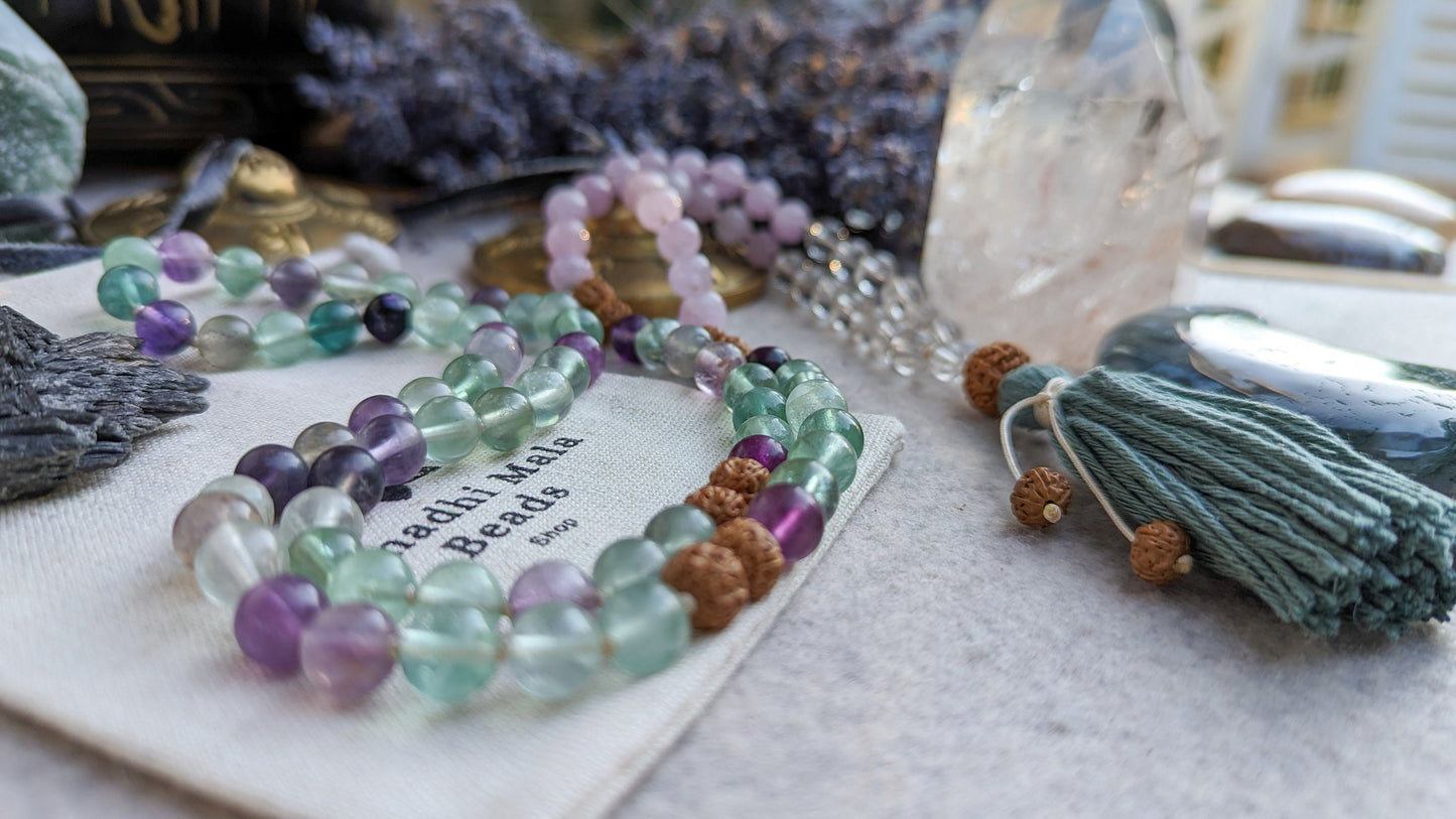 Fluorite, Kunzite & Clear Quartz 108-Bead Mala, Reiki Infused Meditation Mala Necklace, Japa Mala Prayer Beads, Healing Mala