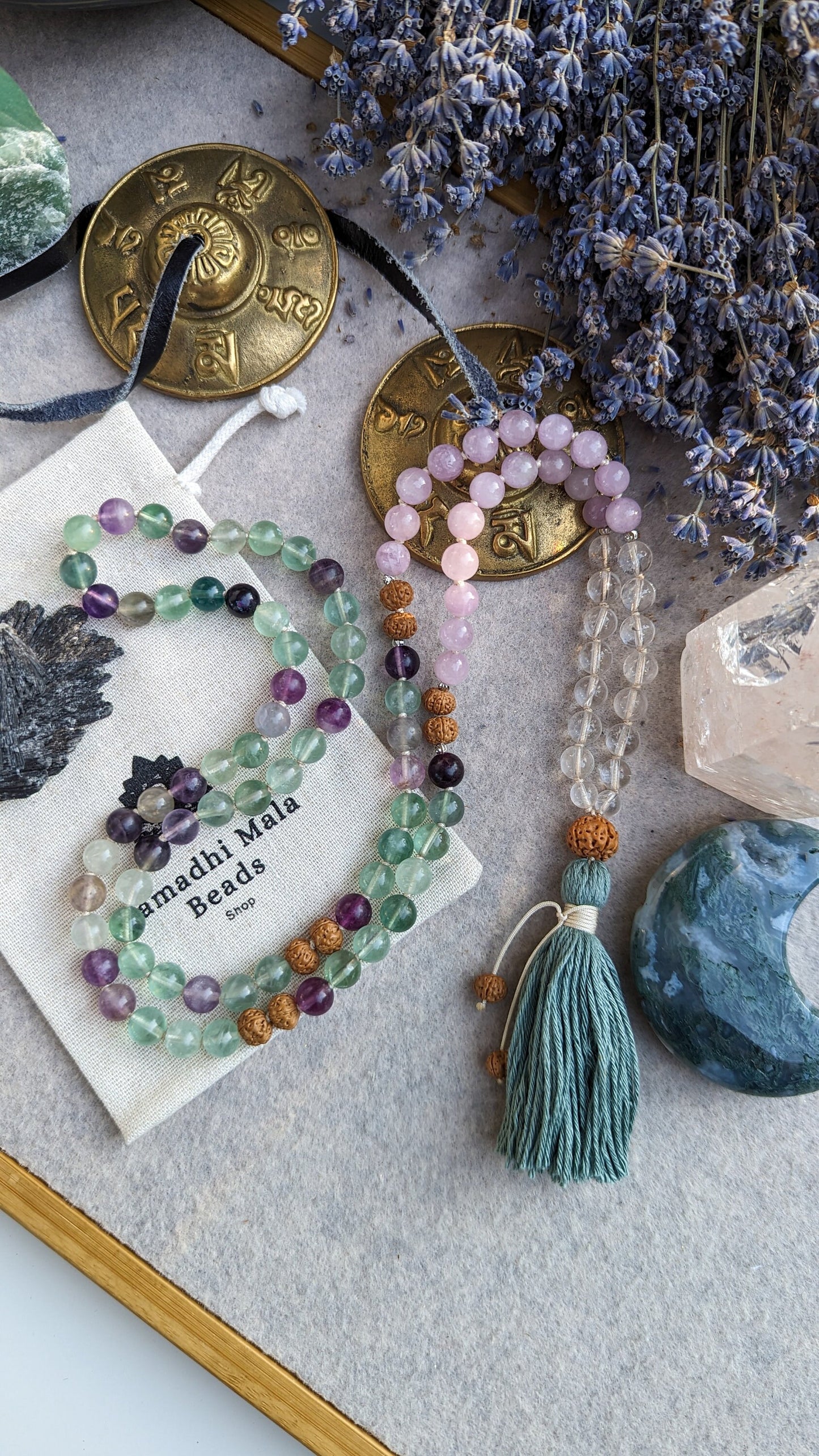 Fluorite, Kunzite & Clear Quartz 108-Bead Mala, Reiki Infused Meditation Mala Necklace, Japa Mala Prayer Beads, Healing Mala