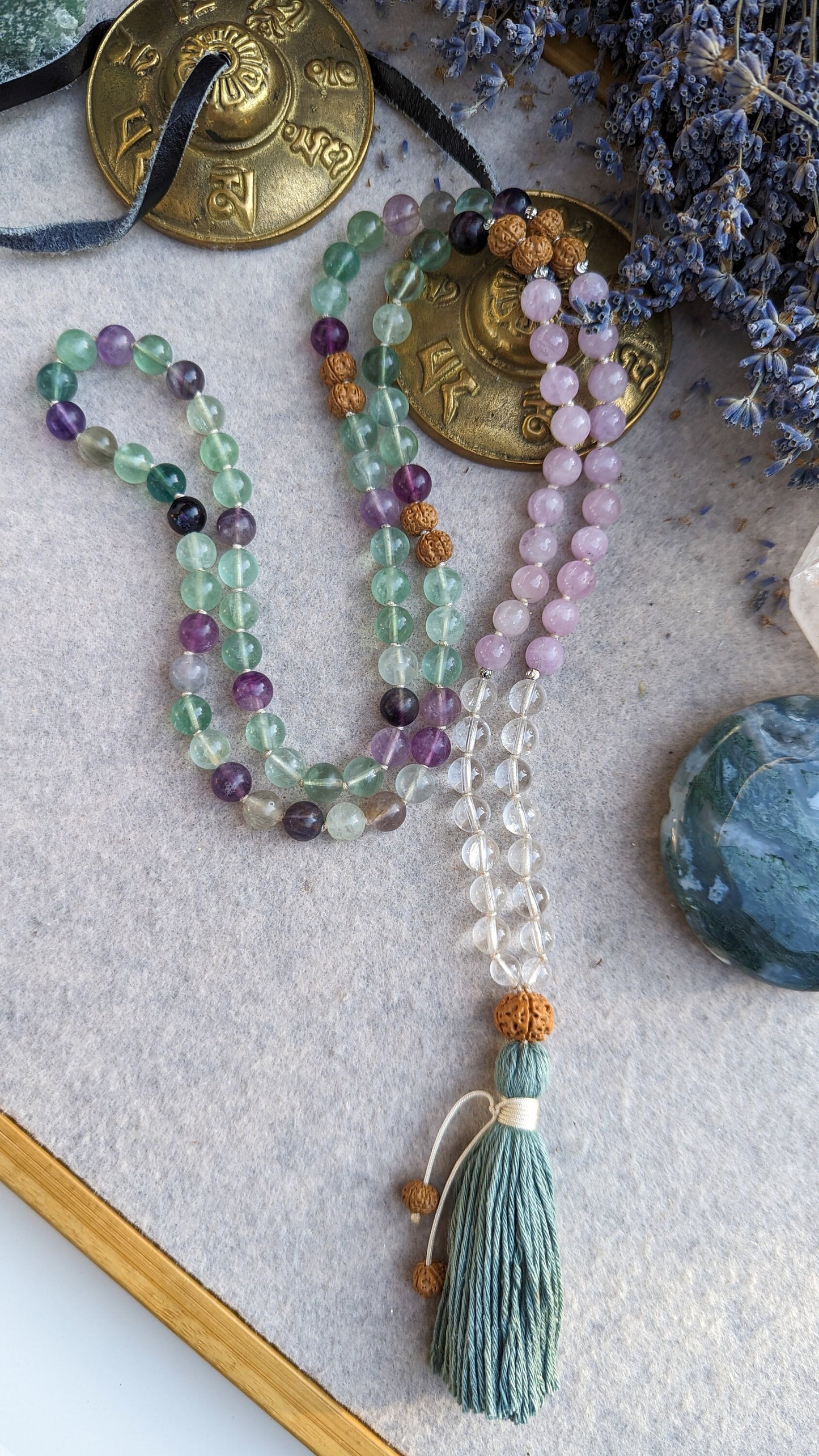 Fluorite, Kunzite & Clear Quartz 108-Bead Mala, Reiki Infused Meditation Mala Necklace, Japa Mala Prayer Beads, Healing Mala