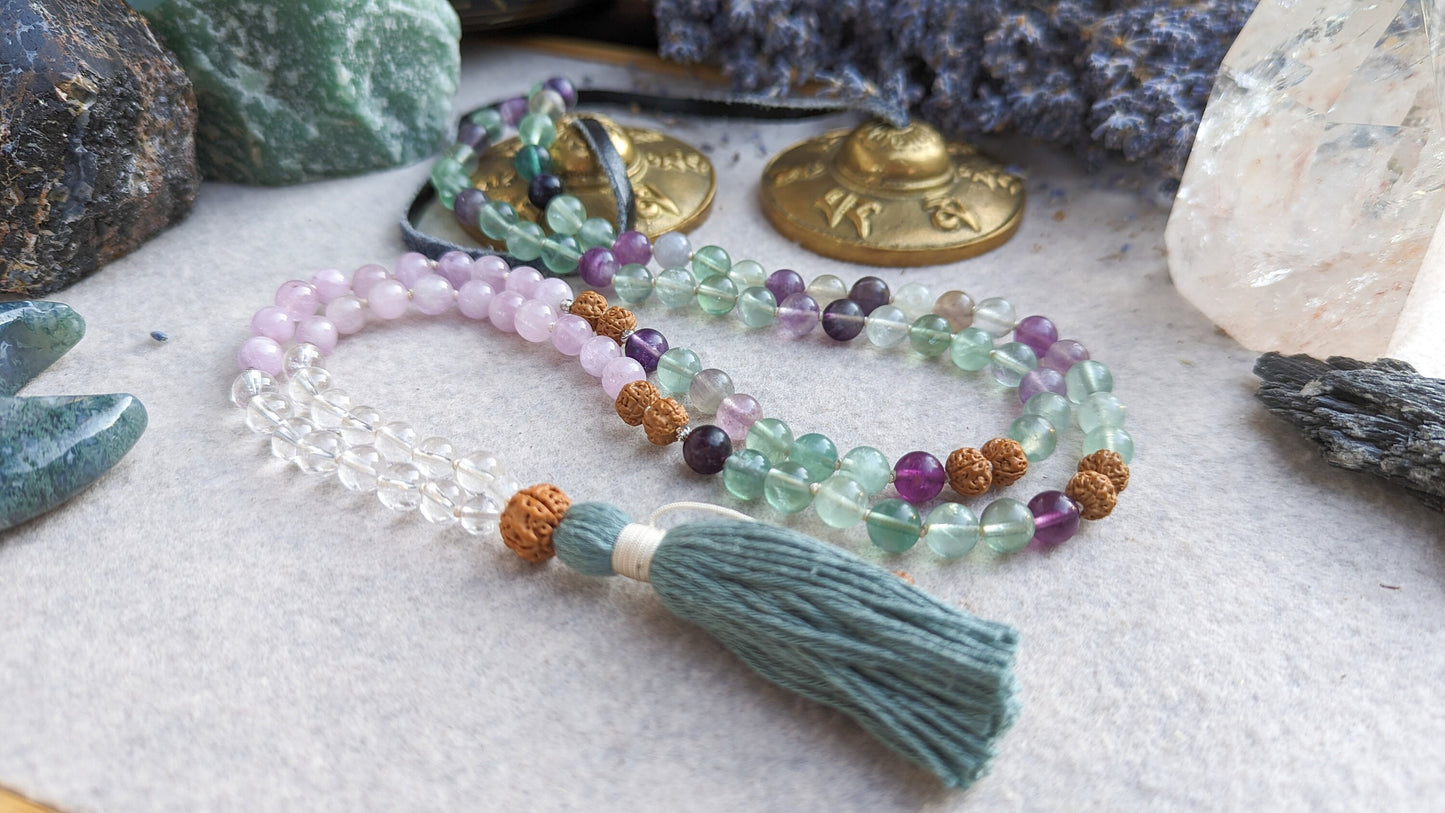 Fluorite, Kunzite & Clear Quartz 108-Bead Mala, Reiki Infused Meditation Mala Necklace, Japa Mala Prayer Beads, Healing Mala