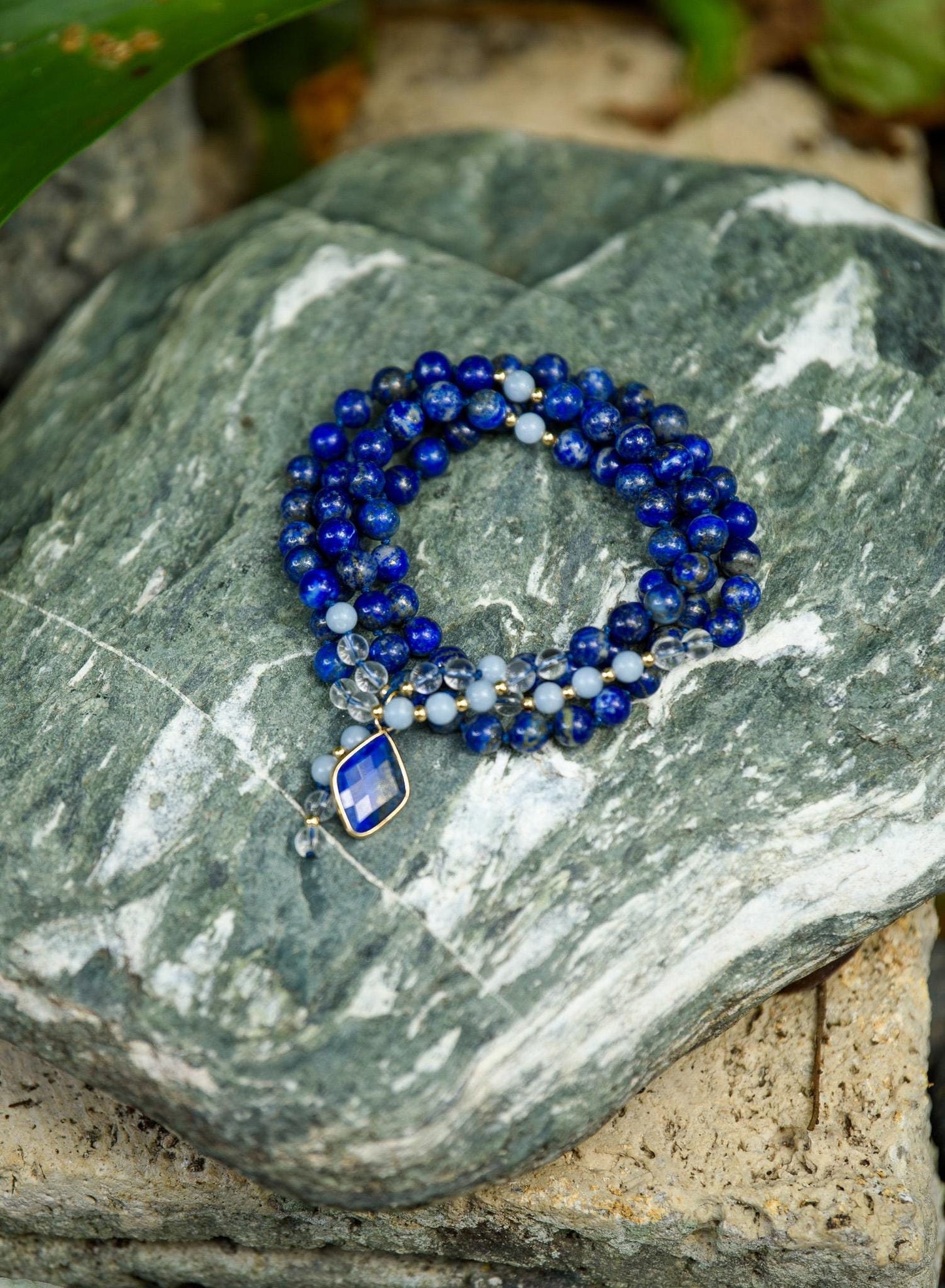 Lapis Lazuli, Angelite & Clear Quartz mala, Japa Mala, 108 Prayer Beads, Yoga Meditation Beads, Meditation Mala, Gift for Yoga Lovers
