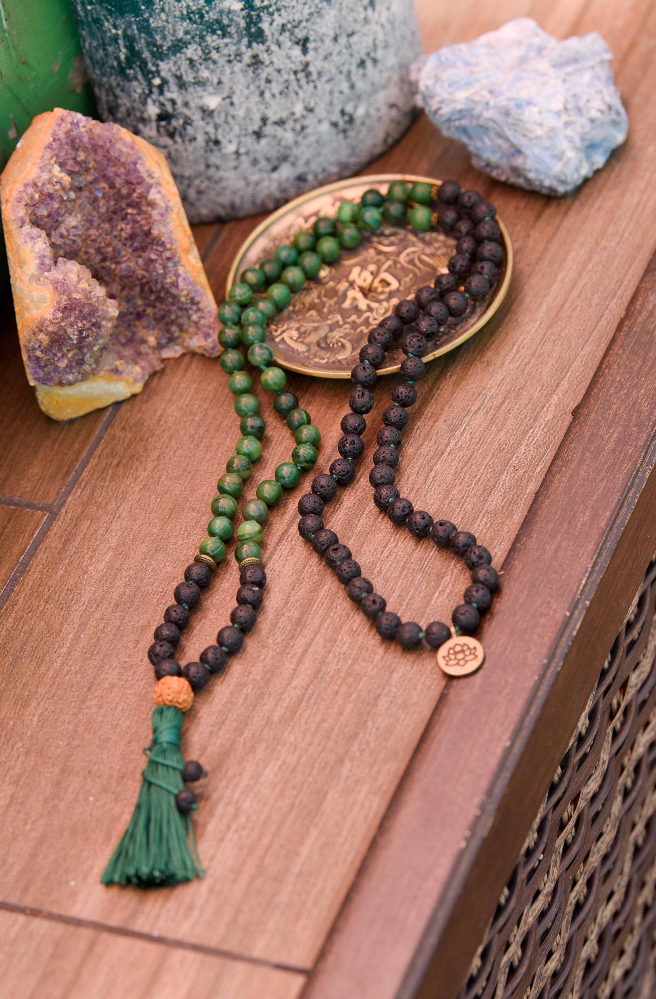 Lava Rock & Jade Mala, Reiki infused Beads Mala, Healing Necklace, Hand Knotted 108 Mala Beads, Tassel Necklace, Japa Mala, Meditation Mala