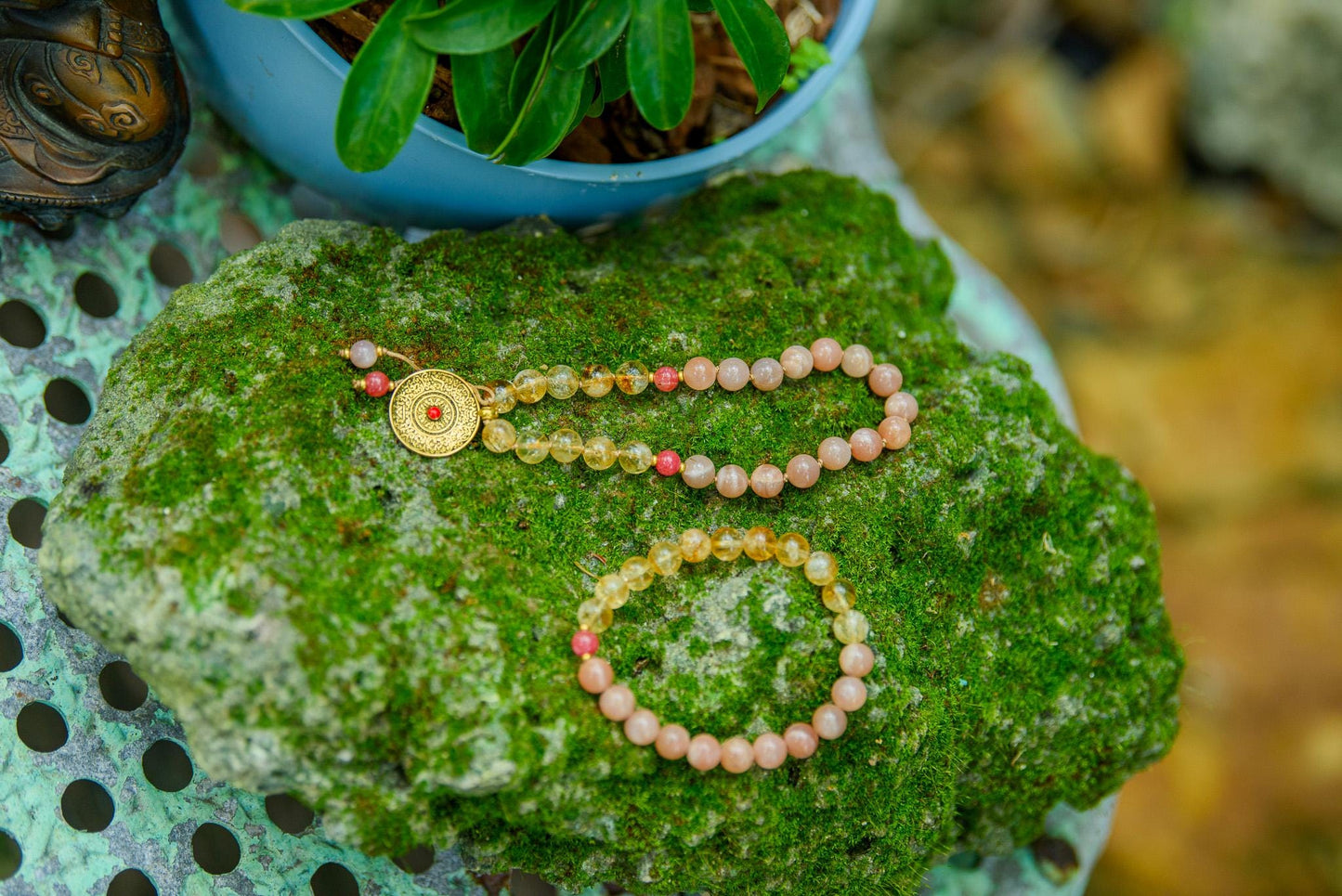 Citrine & Peach Moonstone Pocket Mala and Mala Bracelet 27 Beads Mini Travel Mala, Reiki Infused, Fire Energy, Abundance and Joy