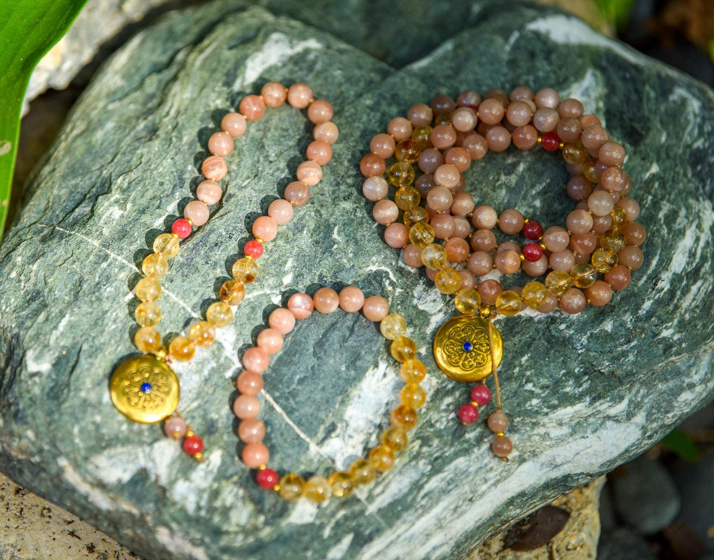 Citrine & Peach Moonstone Pocket Mala and Mala Bracelet 27 Beads Mini Travel Mala, Reiki Infused, Fire Energy, Abundance and Joy