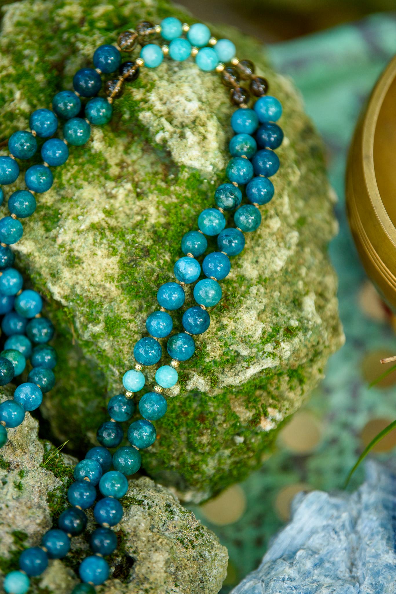 Reiki-Infused Apatite, Smokey Quartz & Amazonite Mala Necklace - 108 Gemstone Beads for Meditation, Chakra Healing and Intention Setting