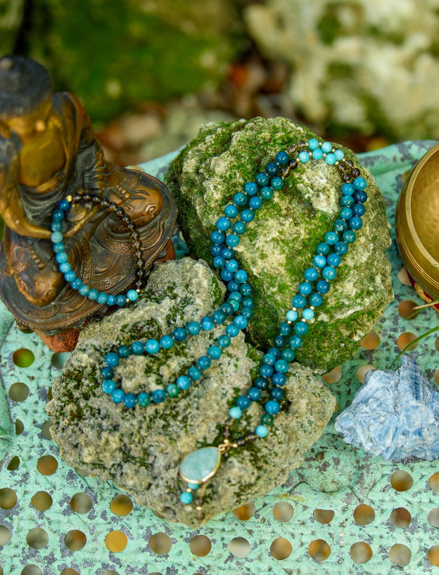 Reiki-Infused Apatite, Smokey Quartz & Amazonite Mala Necklace - 108 Gemstone Beads for Meditation, Chakra Healing and Intention Setting