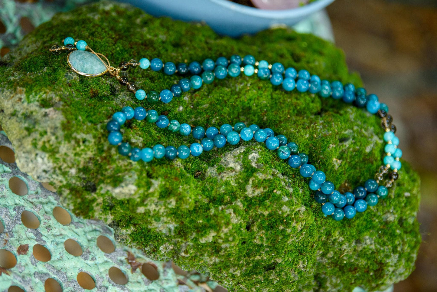 Reiki-Infused Apatite, Smokey Quartz & Amazonite Mala Necklace - 108 Gemstone Beads for Meditation, Chakra Healing and Intention Setting