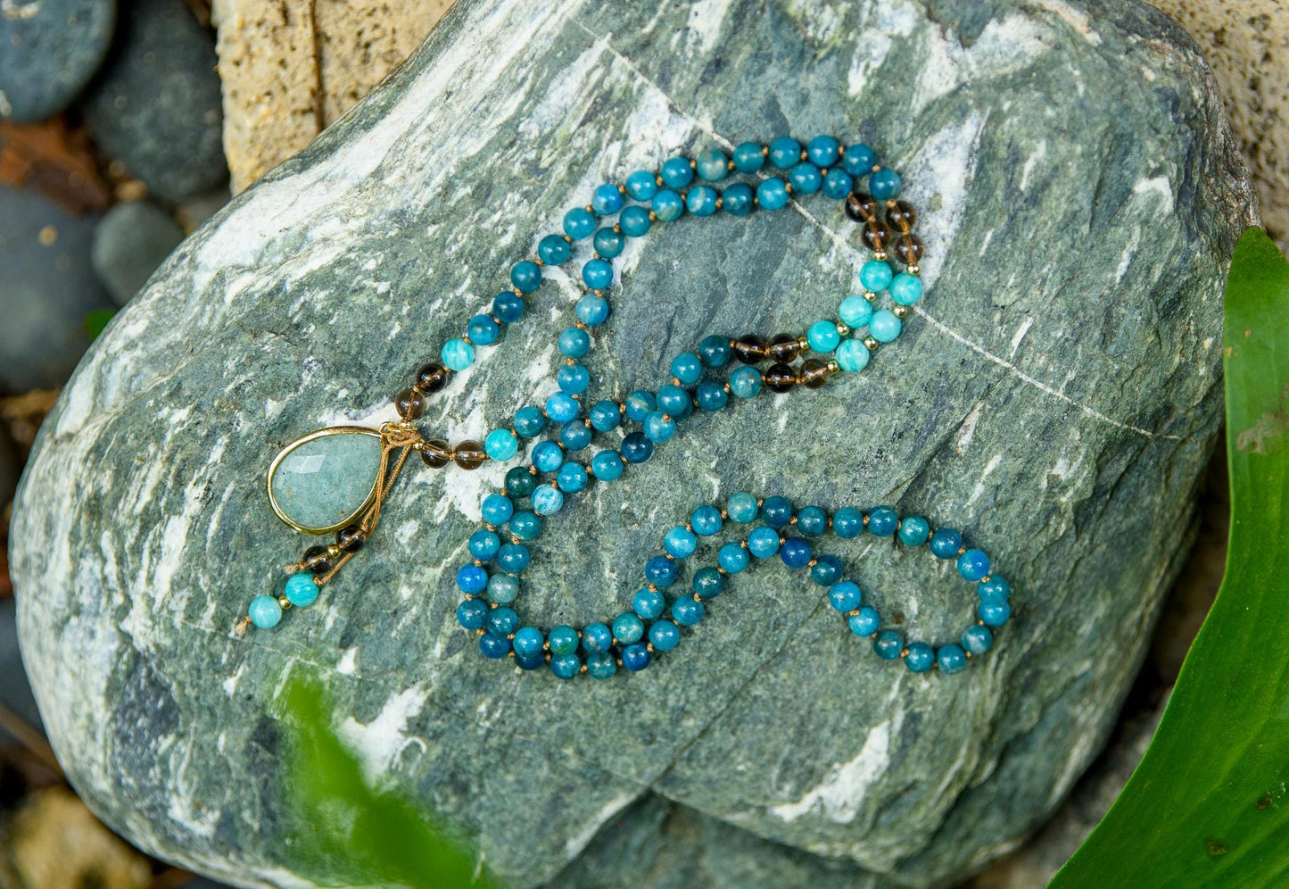 Reiki-Infused 108 Bead Mala Necklace 6mm Apatite, Smokey Quartz & Amazonite for Meditation, Chakra Healing and Spiritual Growth
