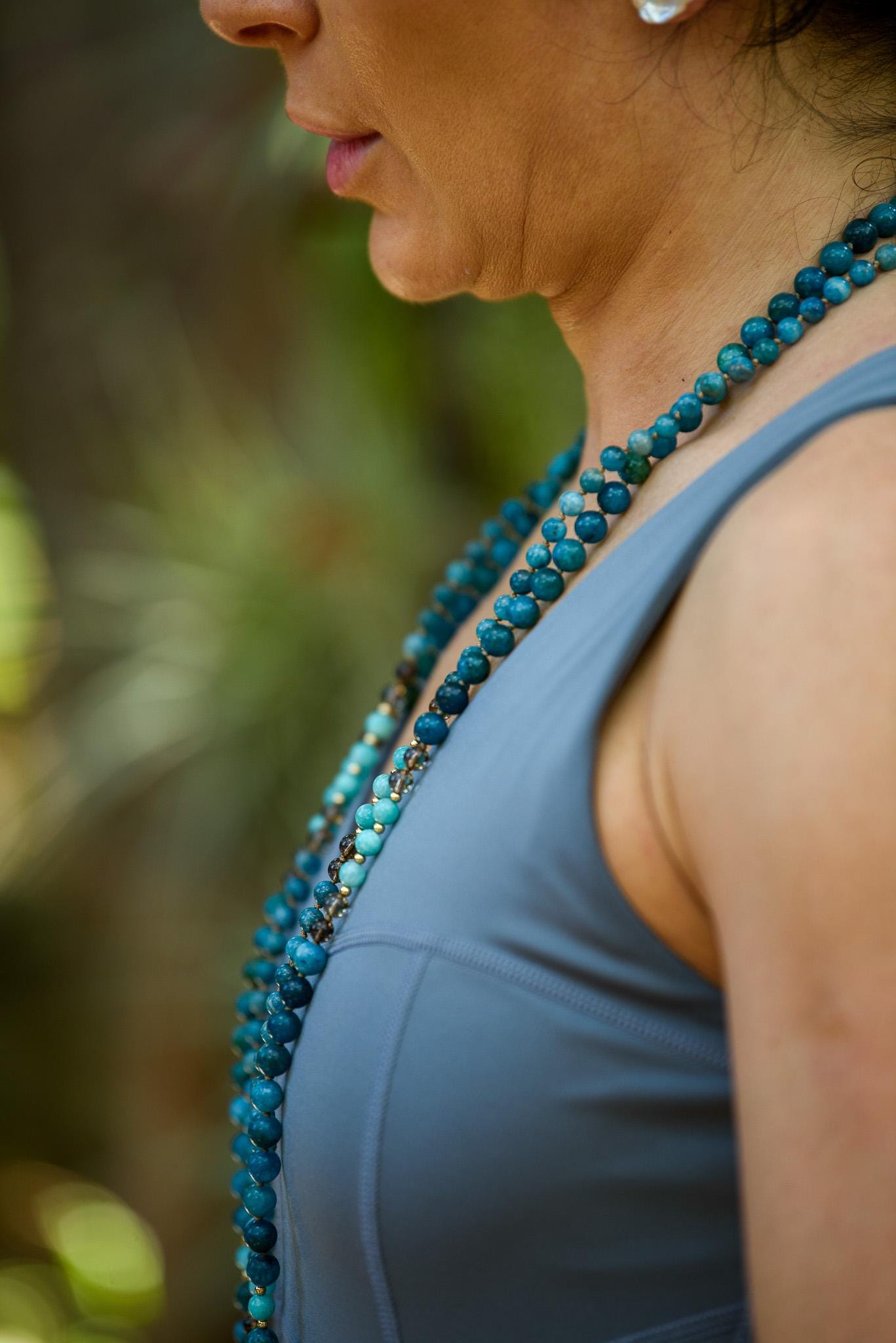 Reiki-Infused 108 Bead Mala Necklace 6mm Apatite, Smokey Quartz & Amazonite for Meditation, Chakra Healing and Spiritual Growth