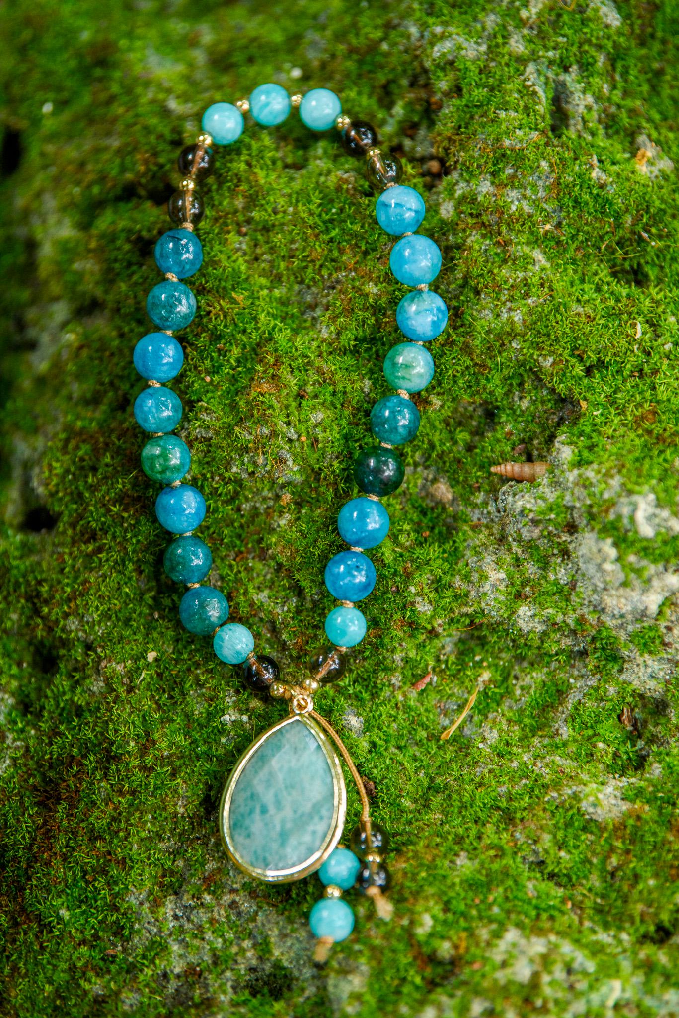 Pocket Mala & Matching Bracelet Set Apatite, Smokey Quartz, and Amazonite Beads for Meditation and Chakra Healing