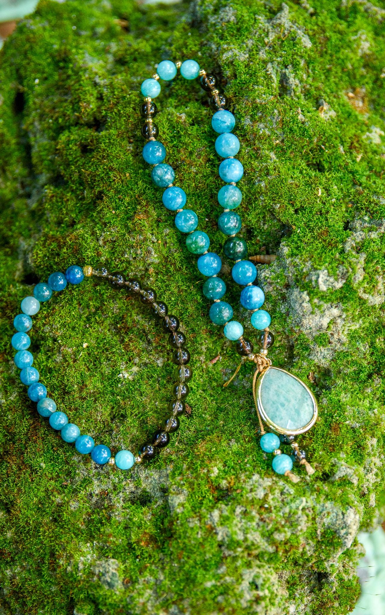 Pocket Mala & Matching Bracelet Set Apatite, Smokey Quartz, and Amazonite Beads for Meditation and Chakra Healing