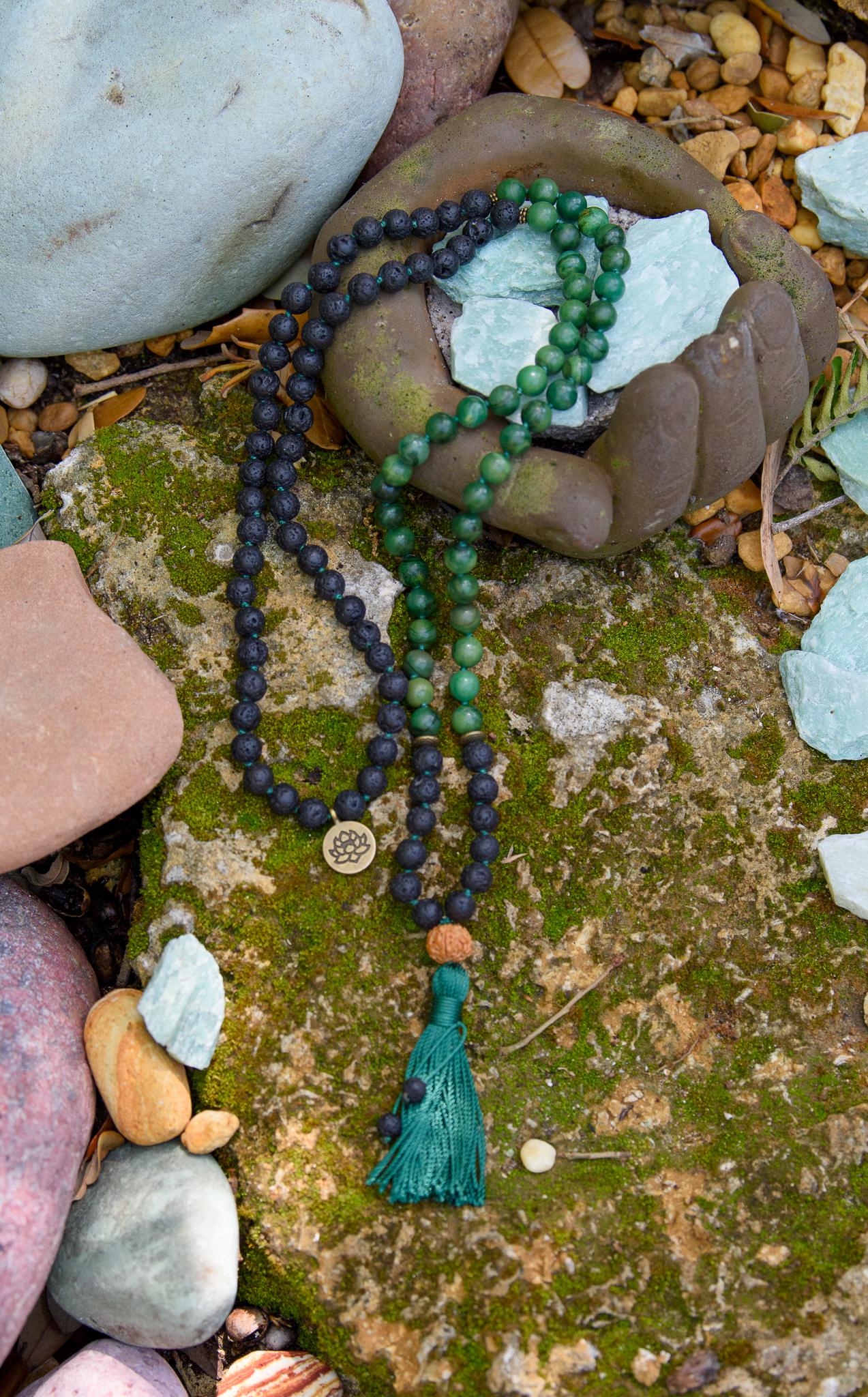 Lava Rock & Jade Mala, Reiki infused Beads Mala, Healing Necklace, Hand Knotted 108 Mala Beads, Tassel Necklace, Japa Mala, Meditation Mala