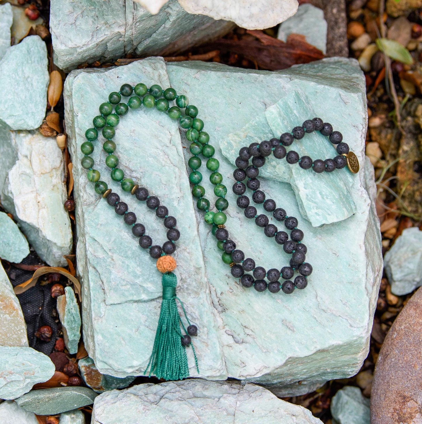 Lava Rock & Jade Mala, Reiki infused Beads Mala, Healing Necklace, Hand Knotted 108 Mala Beads, Tassel Necklace, Japa Mala, Meditation Mala