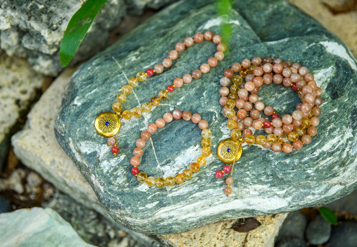 Citrine & Peach Moonstone Pocket Mala and Mala Bracelet 27 Beads Mini Travel Mala, Reiki Infused, Fire Energy, Abundance and Joy