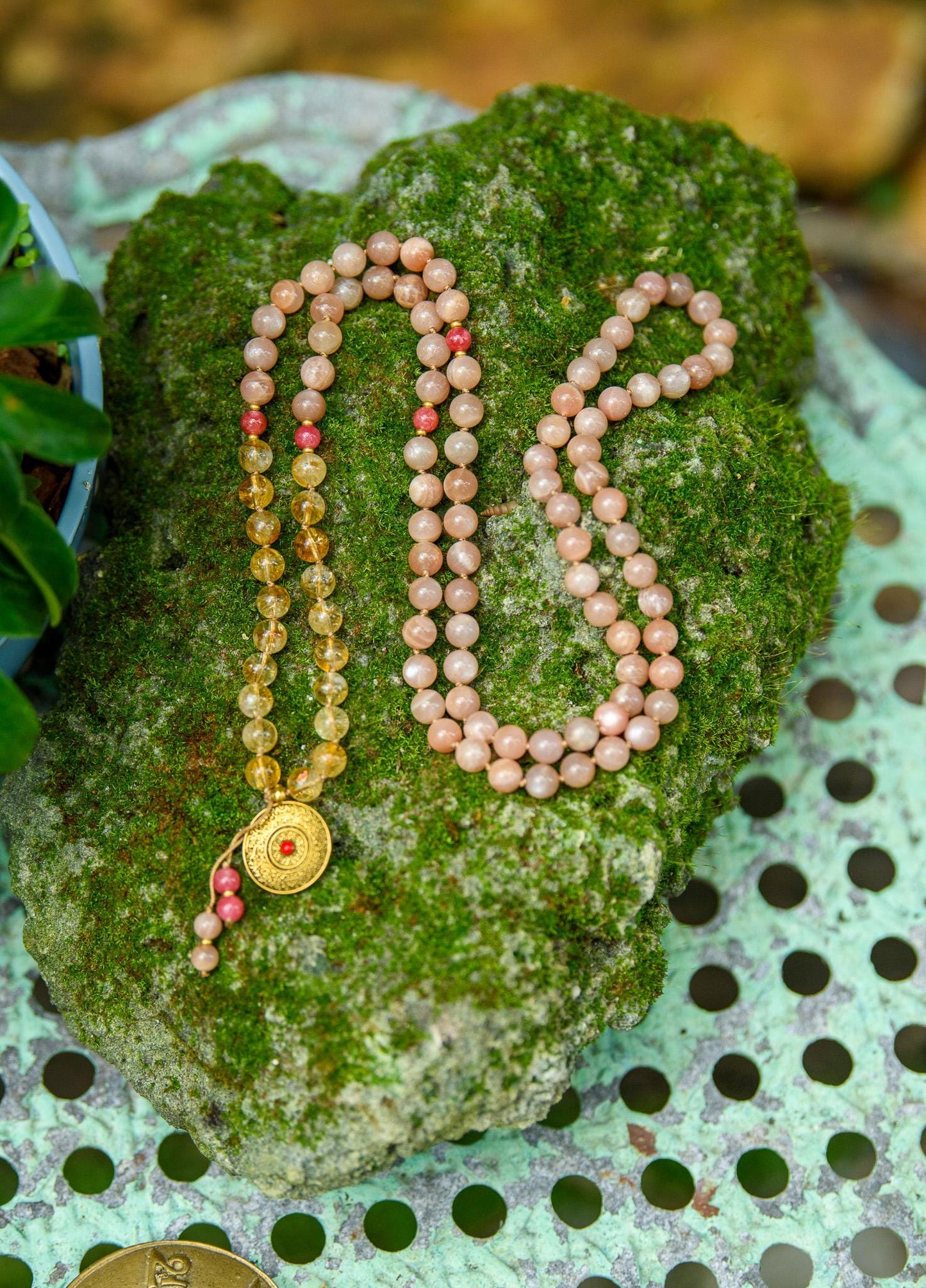 Citrine & Peach Moonstone Pocket Mala and Mala Bracelet 27 Beads Mini Travel Mala, Reiki Infused, Fire Energy, Abundance and Joy