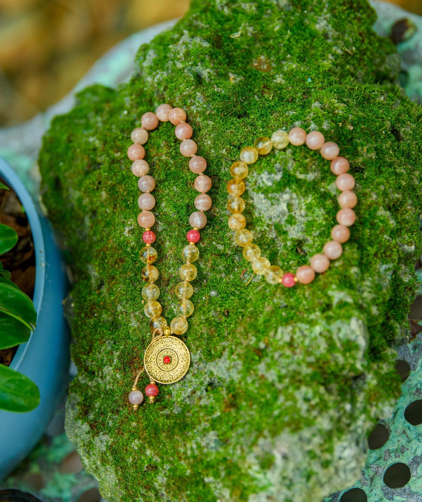 Citrine & Peach Moonstone Pocket Mala and Mala Bracelet 27 Beads Mini Travel Mala, Reiki Infused, Fire Energy, Abundance and Joy