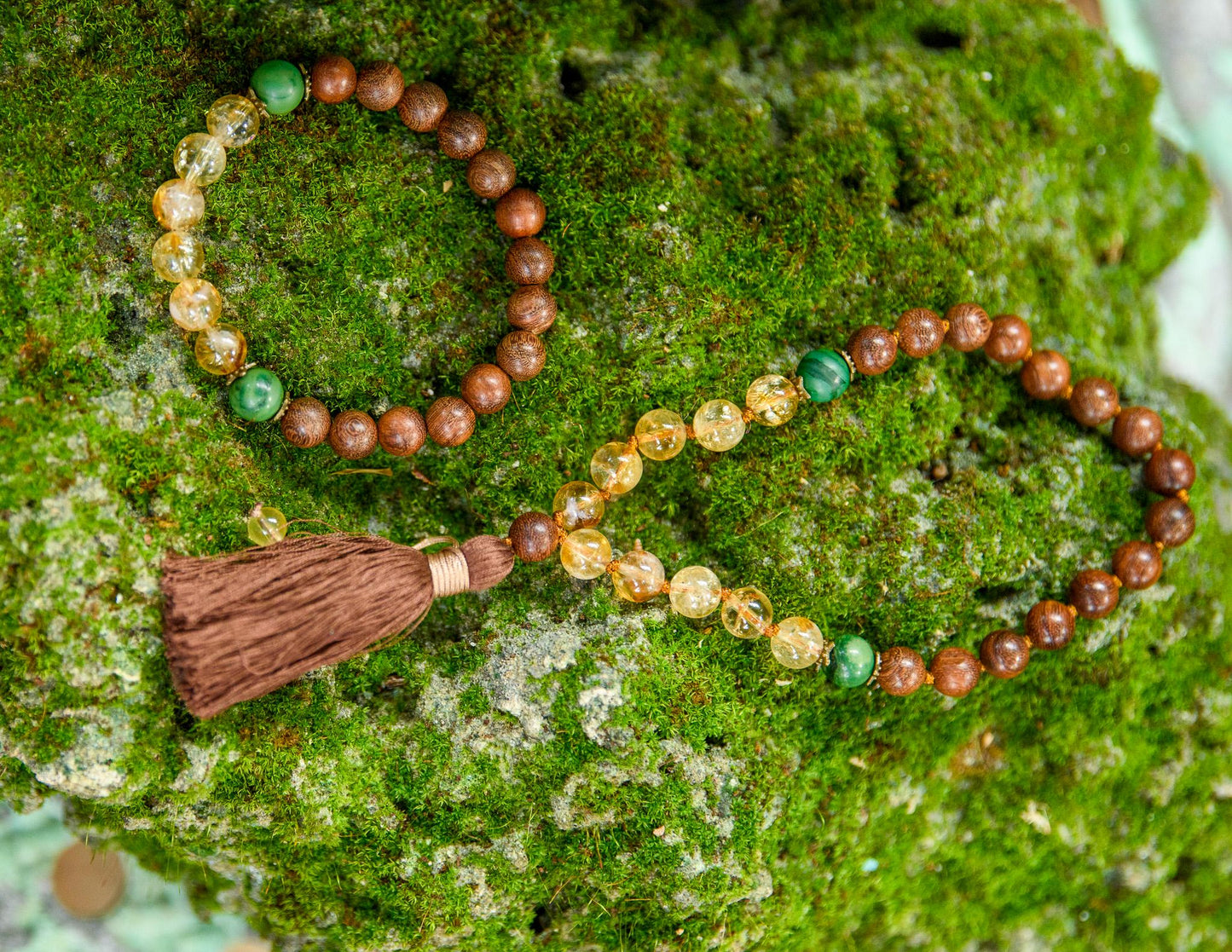 Sandalwood, Citrine & Jade Pocket Mala and Matching Bracelet Set, Hand-Knotted Mala, Meditation mala, Buddhist Beaded Mala, Yoga Lover Gift